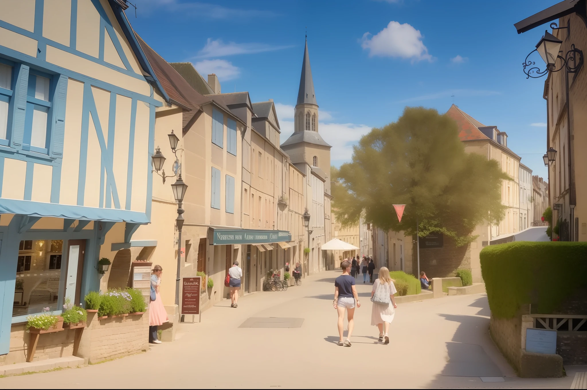 People walk on a street with a church spire, northern France, traveling in France, Normandy, French village exterior, trend, medieval town, quaint village, petite, charming, bustling magical town, Rennes-le - castle, medieval fantasy town, Raphael Colin, old town, baroque winding cobblestone streets, national comic style