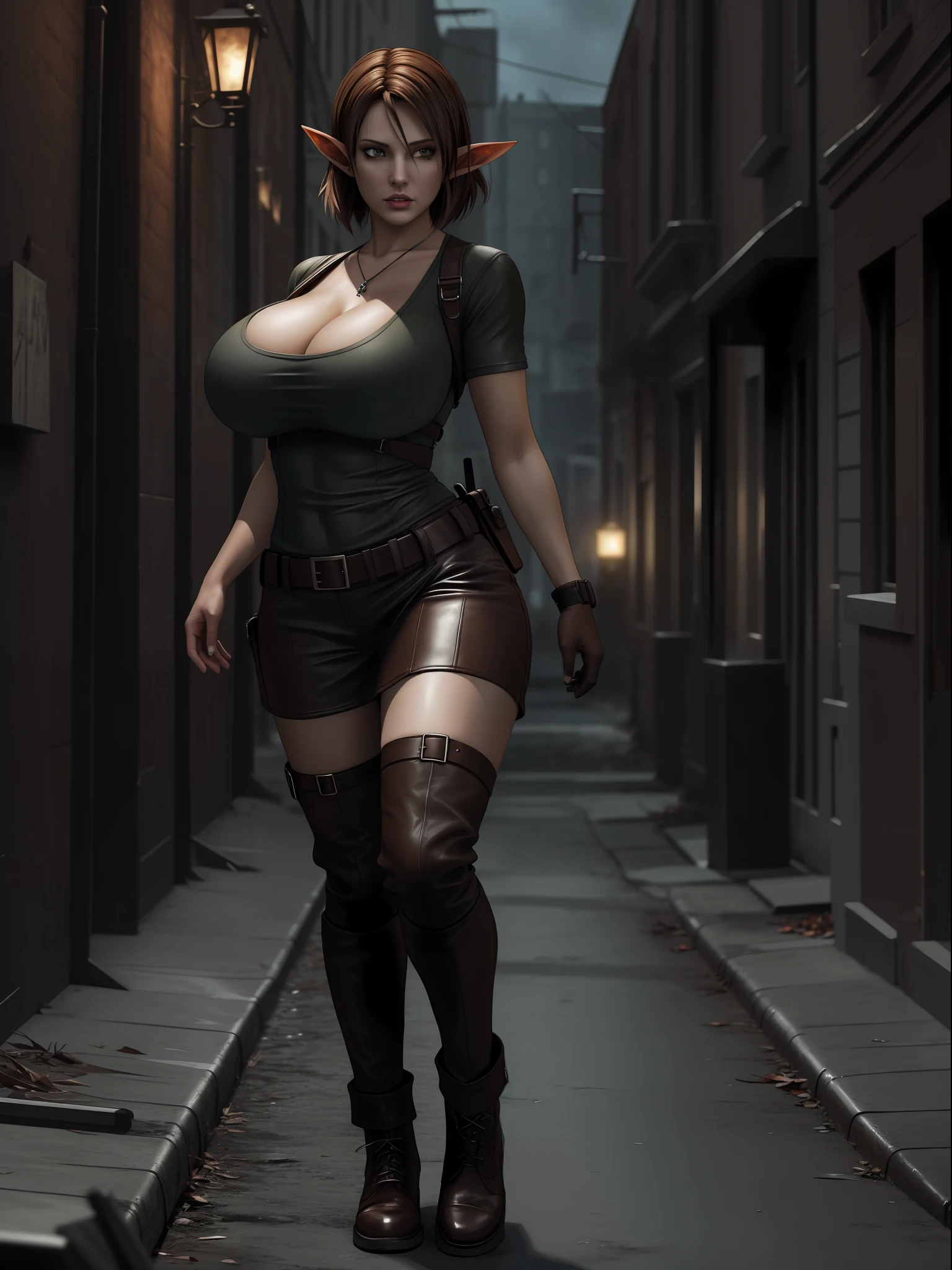 (Resident Evil 4:1.5), (full body photo:1.7), (An elf woman and several zombies in the background:1.5), (she has gigantic breasts:1.9), (She's in Resident Evil 4+Leon's clothes with black T-shirt+brown leather chorte+extremely tight on her body:1.4), (decomposing zombies behind her:1.5), (her walking in a city at night:1.5), (she has short brown hair:1.3), (she has blue eyes:1.3), (she's doing poses+for the viewer+holding an armada), Hyperrealism, 16k, best quality, high details, UHD