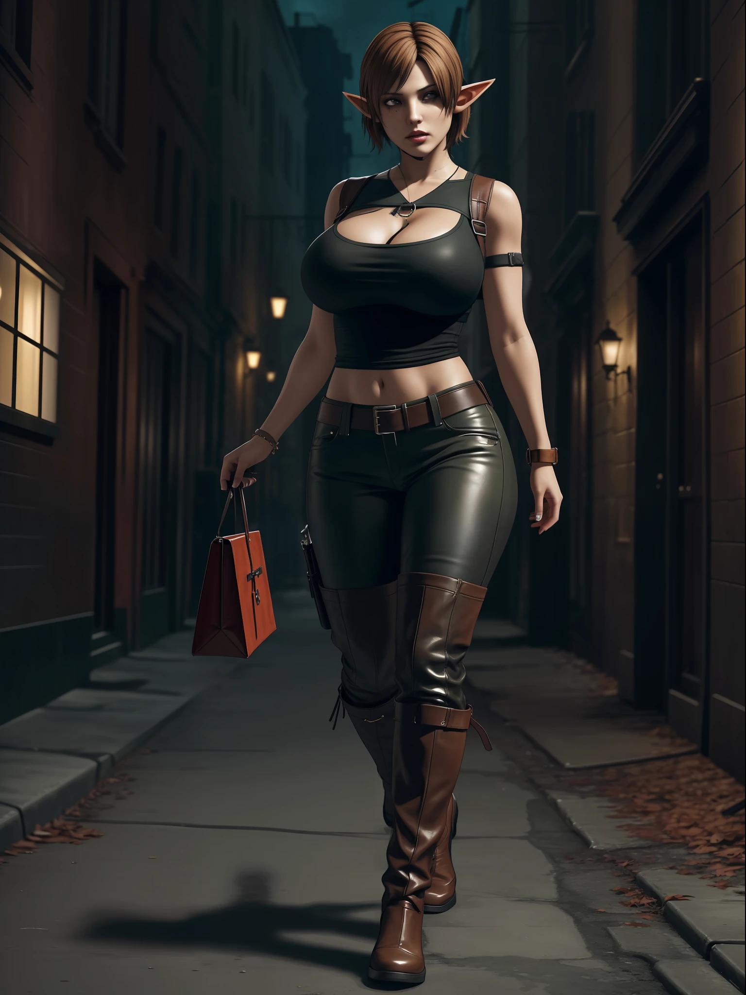 (Resident Evil 4:1.5), (full body photo:1.7), (An elf woman and several zombies in the background:1.5), (she has gigantic breasts:1.9), (She's in Resident Evil 4+Leon's clothes with black T-shirt+brown leather chorte+extremely tight on her body:1.4), (decomposing zombies behind her:1.5), (her walking in a city at night:1.5),  (she has short brown hair:1.3), (she has blue eyes:1.3), (she's doing poses+for the viewer+holding an armada), Hyperrealism, 16k, best quality, high details, UHD