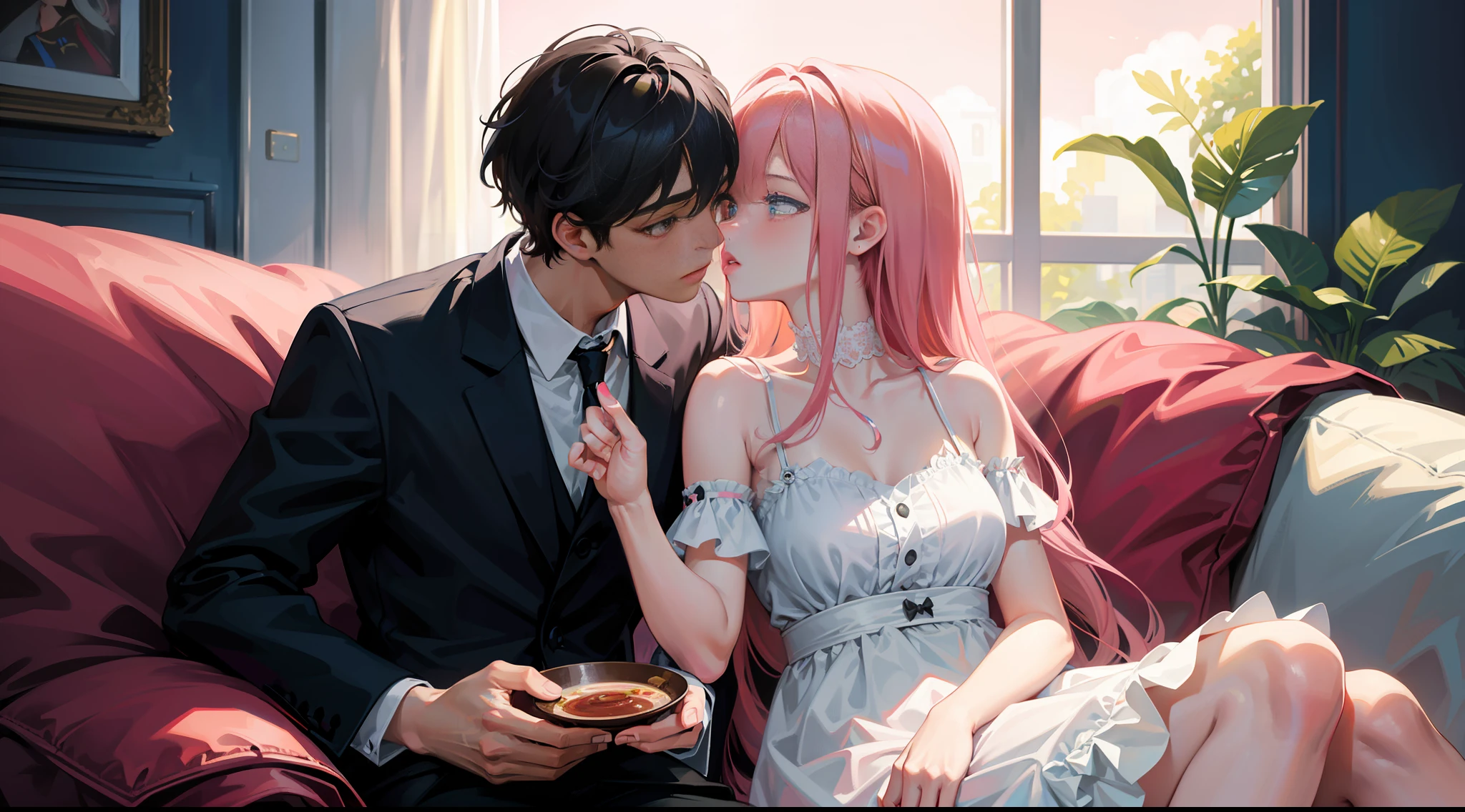 Masterpiece, best quality, super detailed, illustration, beautiful detailed eyes, close up, on the sofa there is a girl and a boy, the girl is pink hair white slip dress. Boy is black hair black suit, girl and boy kissing on the lips