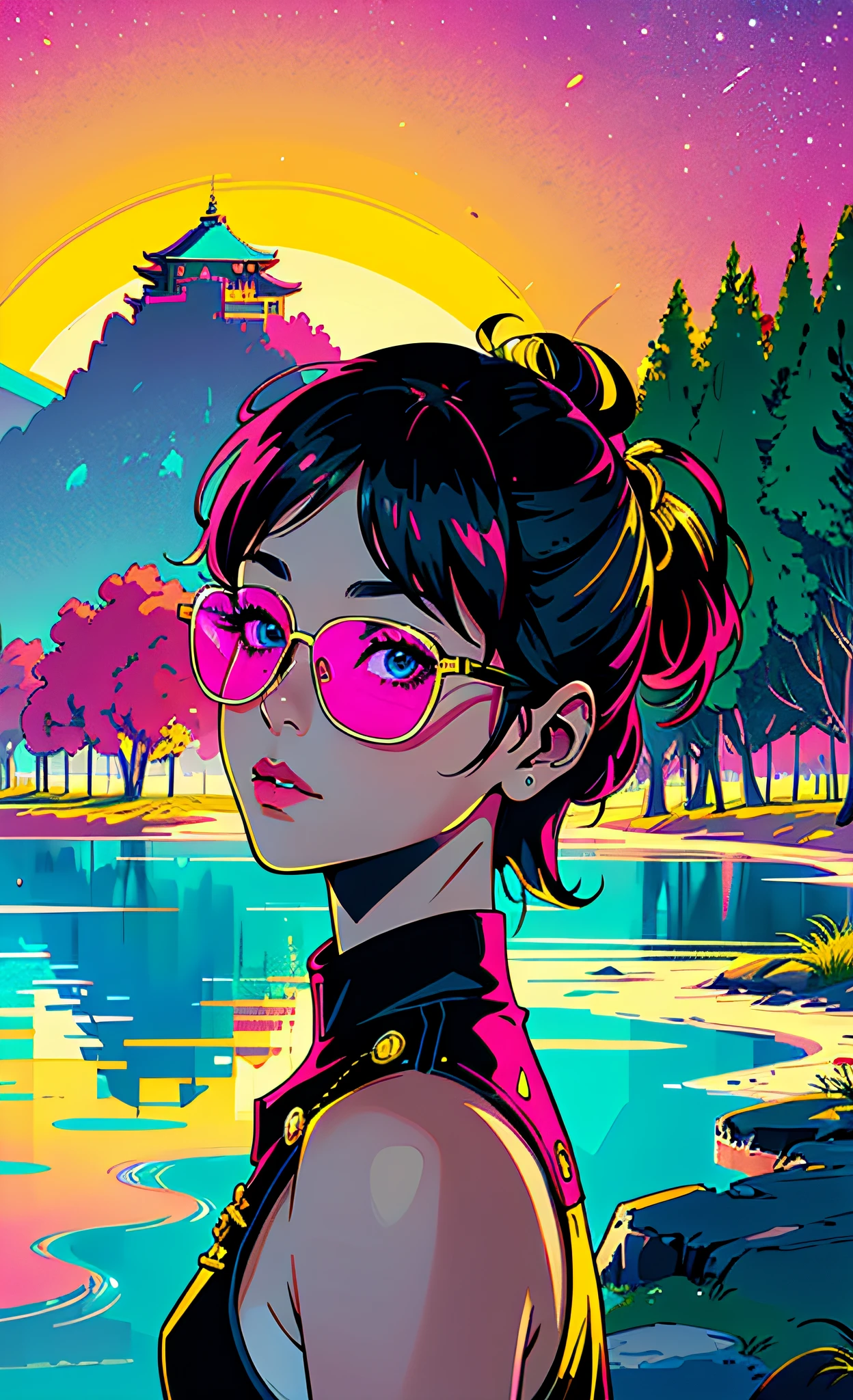 The girl in sunglasses in front of a street scene, in the style of neon - lit pop art, detailed comic book art, asian - inspired, realistic hyper - detail, light gold and magenta, bold, manga - inspired characters, indian pop culture, distant mountains, willow tree, calm water, reflection, sunlit clouds, peaceful ambiance, idyllic sunset, ultra detailed, official art, unity 8k wallpaper , zentangle, mandala
