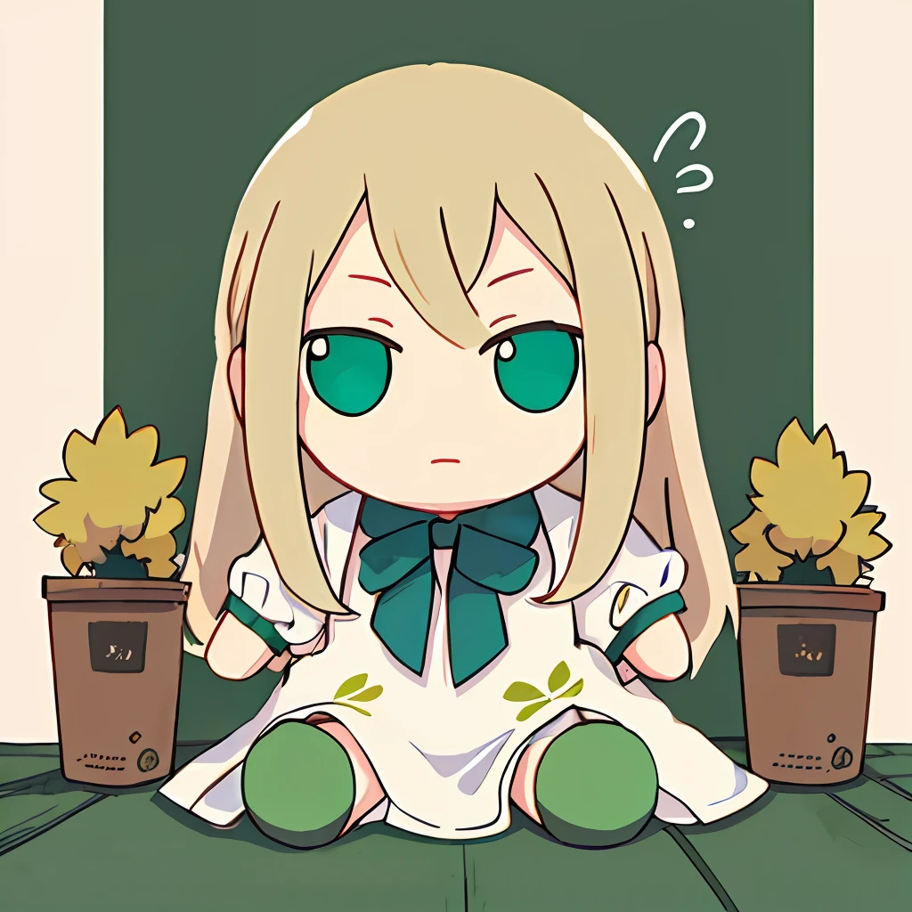 1girl, solo, hair ornament, beige blonde wavy hair, long hair, green eyes, long hair, dress, water, fumo, doll, sitting, singular element, one element