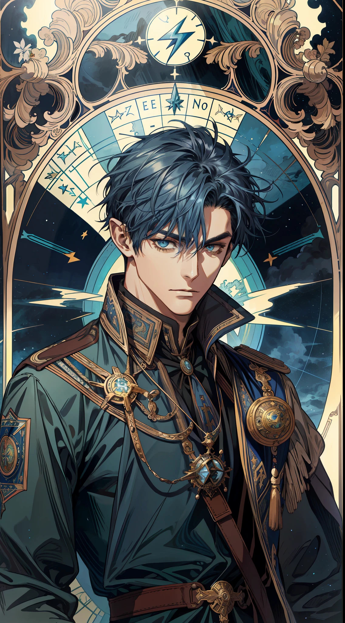 (absurd, high resolution, super detailed), 1 male, dark blue hair, bronzed skin, deep facial features, rugged face, Victorian style, navigator costume, (elven mixed male: 1.2), adult, (muscle: 1.2), (strong male: 1.2), broad shoulders, fine eyes and detailed face, hanged man\tarot card\, hanged man, ocean, storm, lightning, compass, symbolism, visual arts, occult, universal, visual projection, philosophy, iconography, numerology, pop, Art, Alphonse Mucha