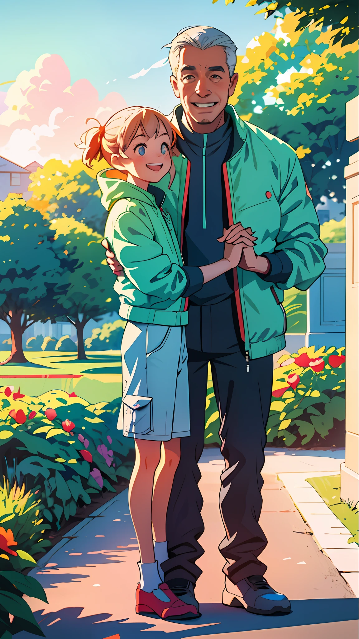 Flat illustration, touching, father and child, father and child holding hands, two people standing, clear facial features, happy smile, park, warm atmosphere, high saturation, contour light, bright colors, HD 8K--StableDiffusion