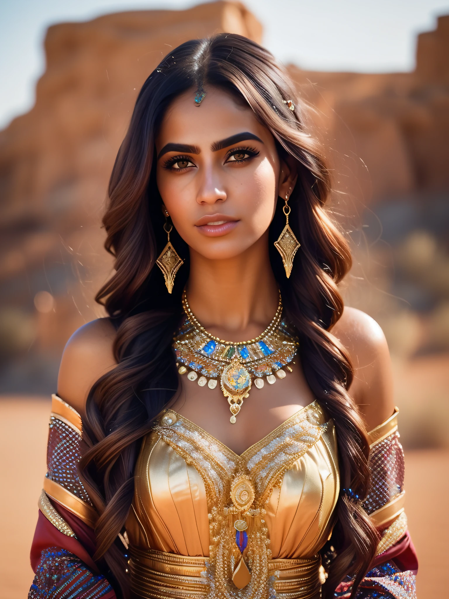 fking_scifi, fking_scifi_v2, portrait of a young, seductive, extremely beautiful and attractive Arab woman in front of a desert city, long messy hair, long and colorful rich dress and golden jewelry, close-up, royal pose and attitude. fking_cinema_v2.