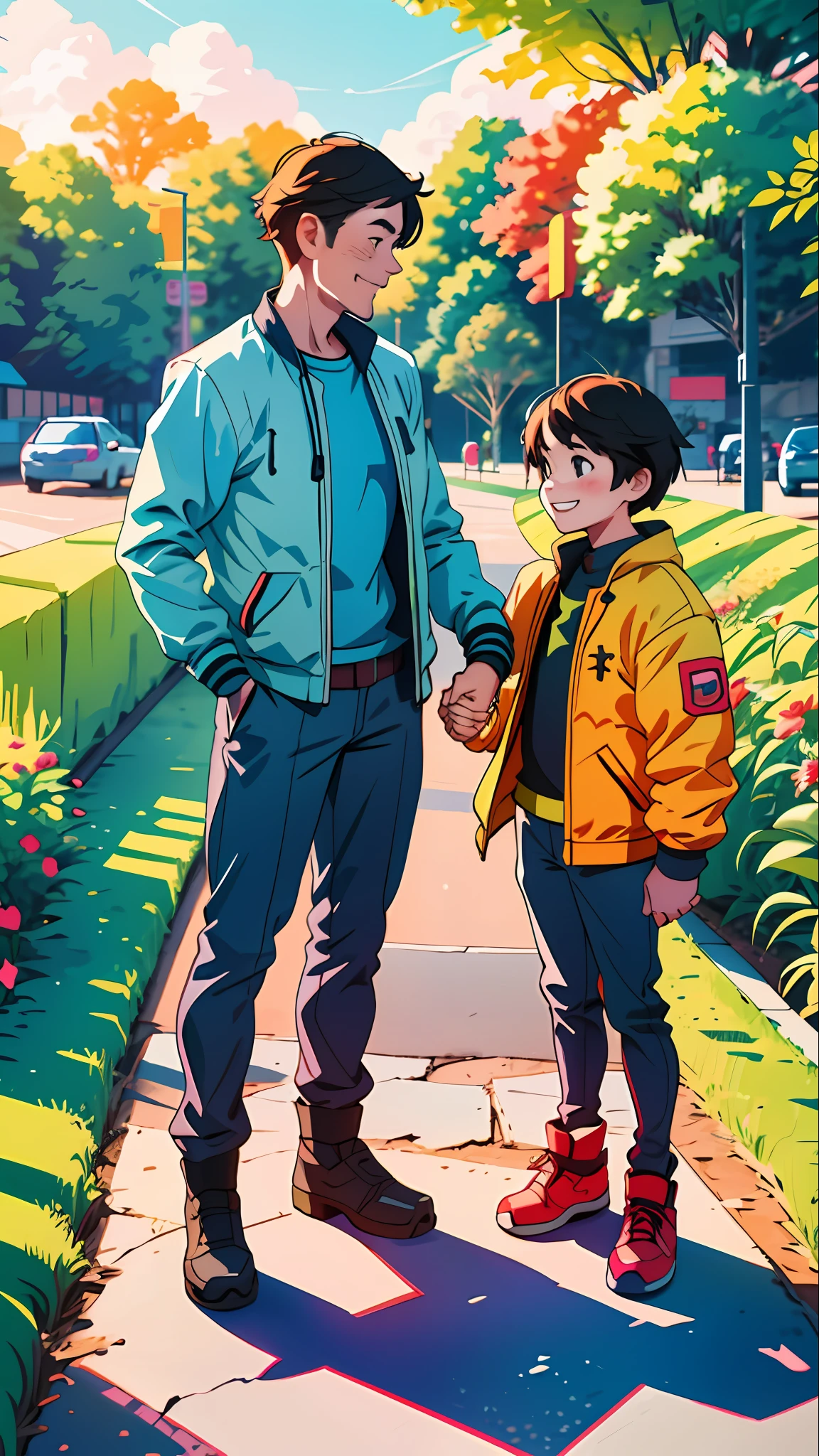 Flat illustration, touching, father and child, father and child holding hands, two people standing, clear facial features, happy smile, park, warm atmosphere, high saturation, contour light, bright colors, HD 8K--StableDiffusion