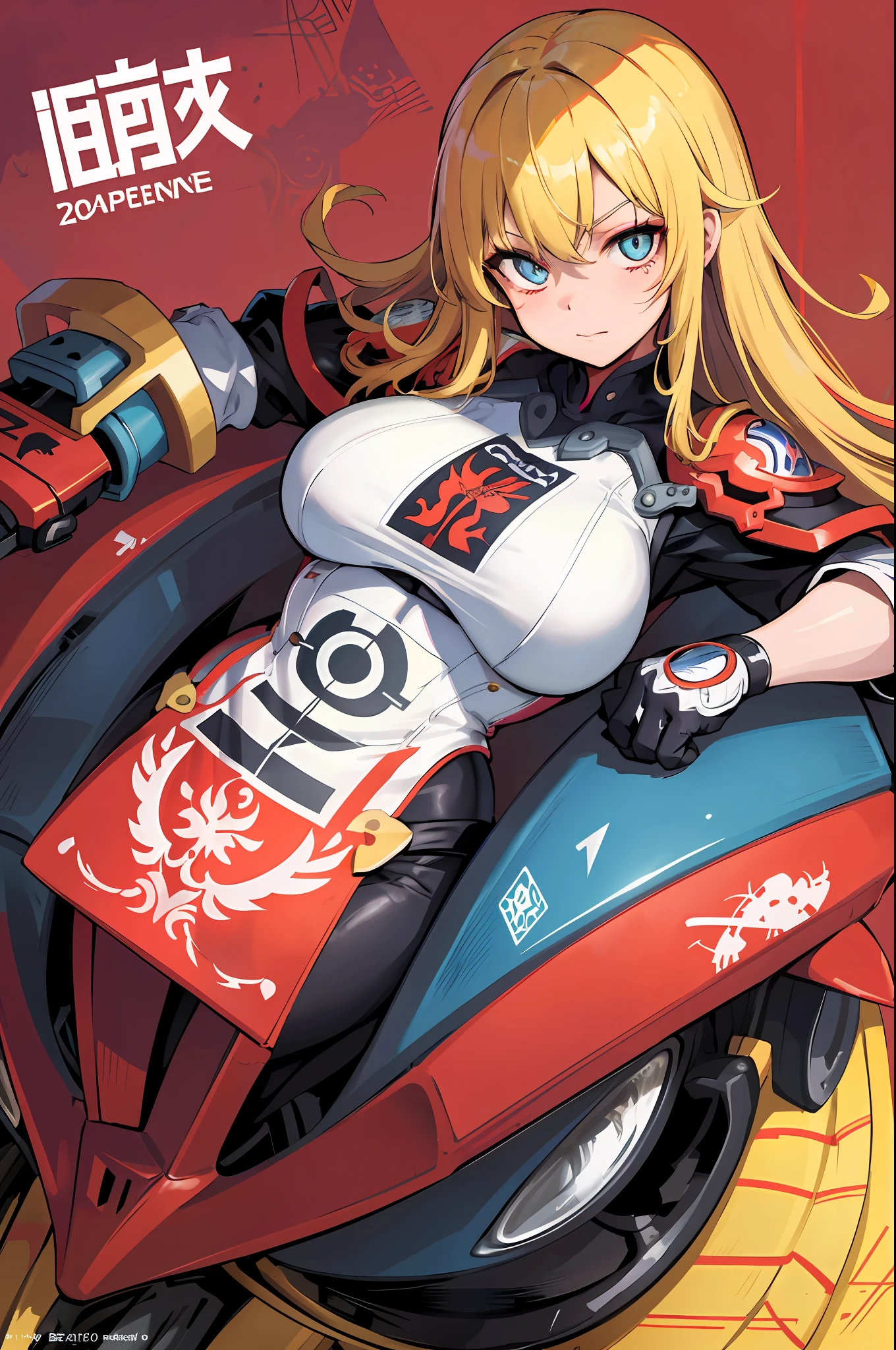 background, mixed-language_text, Japanese letters in graffit, girls, long blonde hair, excellent lighting, sidelighting, perfect ultimate (flat color: 1.3), (magazine_cover: 1.4), (multicolored_background: 1.3), striped_background, card_background, :: comix style by joe madureira :: circular pieces of white metals glued to the ultra detailed arms coming out sparkling shine, perfect and detailed, ultra detailed shirt with abstract design and with Japanese letter print in graffit of the sides of clothing, image of girls with big breast, on top of a futuristic motorcycle, with immersive effects, hover effect, background graffiti style tribal tattoo with flowers and vibrant colors, "ultra HDR" detailed and with focus effect, (masterpiece: 1.2, best quality), (beautiful eyes with huge eyelashes finely detailed: 1.2), , ((Solo)), (Finely detailed eyes and detailed face: 1.3),  in various full-body attack poses, (cute background: 1.2),futuristic costume, super detailed circular metals Clinging to the arms and pants, fantastic paintings
