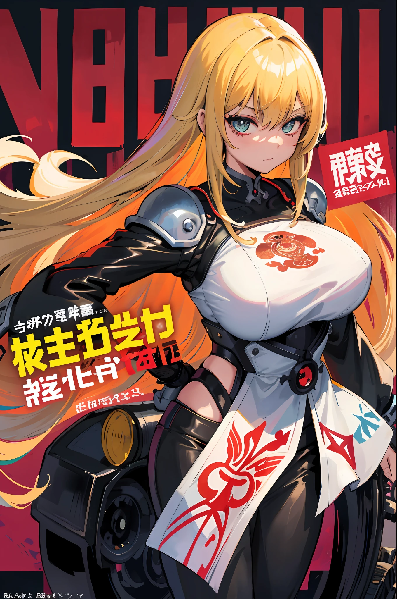 background, mixed-language_text, Japanese letters in graffit, girls, long blonde hair, excellent lighting, sidelighting, perfect ultimate (flat color: 1.3), (magazine_cover: 1.4), (multicolored_background: 1.3), striped_background, card_background, :: comix style by joe madureira :: circular pieces of white metals glued to the ultra detailed arms coming out sparkling shine, perfect and detailed, ultra detailed shirt with abstract design and with Japanese letter print in graffit of the sides of clothing, image of girls with big breast, on top of a futuristic motorcycle, with immersive effects, hover effect, background graffiti style tribal tattoo with flowers and vibrant colors, "ultra HDR" detailed and with focus effect, (masterpiece: 1.2, best quality), (beautiful eyes with huge eyelashes finely detailed: 1.2), , ((Solo)), (Finely detailed eyes and detailed face: 1.3), in various full-body attack poses, (cute background: 1.2),futuristic costume, super detailed circular metals Clinging to the arms and pants, fantastic paintings