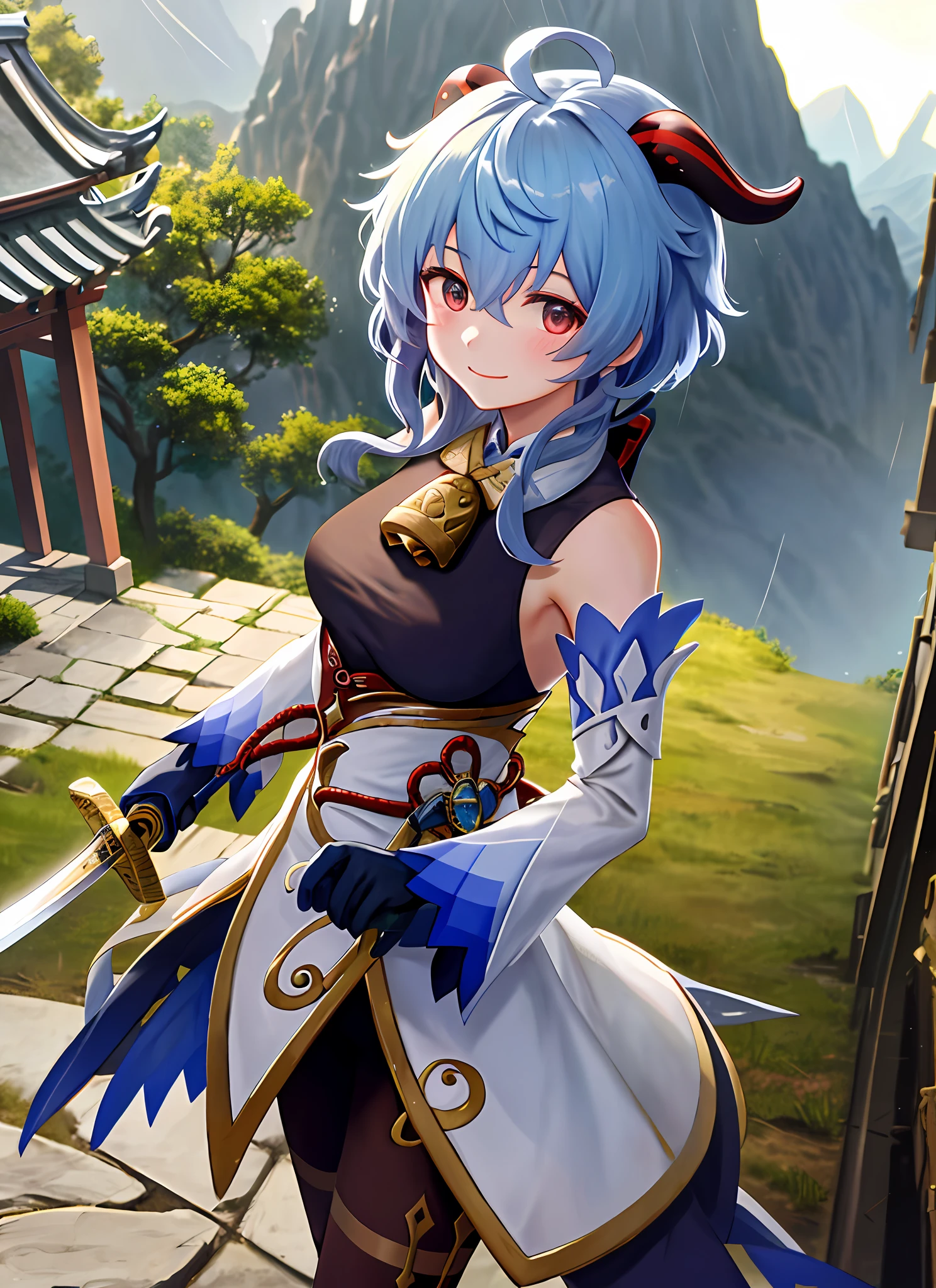 ganyudef, upper body, smile, blush, holding a sword, rain, outdoors, daytime, simple background, blue sky, short hair, sky, temple, looking at the audience, stairs, mountains, moody lights,
