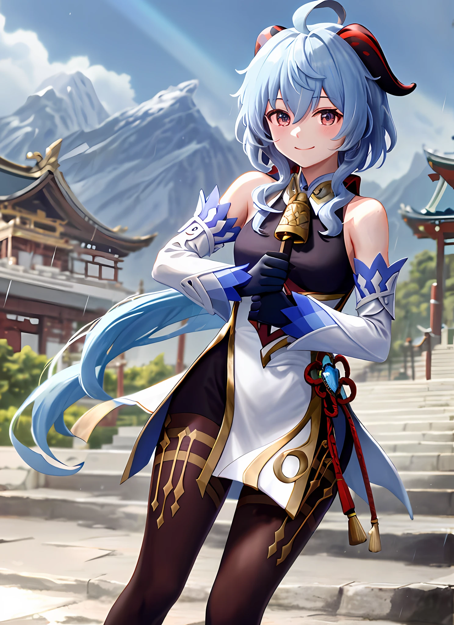 ganyudef, upper body, smile, blush, holding a sword, rain, outdoors, daytime, simple background, blue sky, short hair, sky, temple, looking at the audience, stairs, mountains, moody lights,