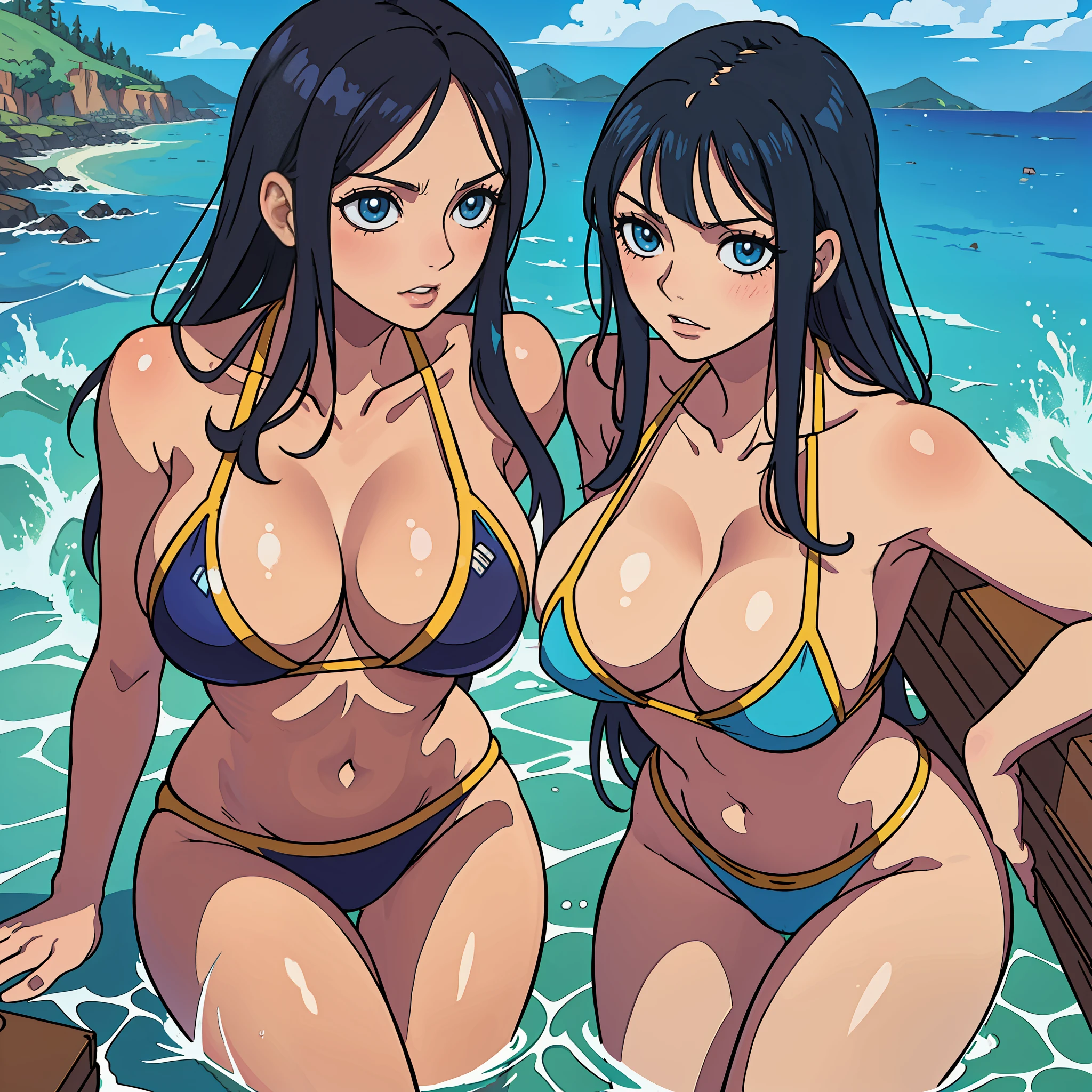 Nico Robin, Nami from one piece, masterpiece, kissing, two girls, big breasts, bikini, bangs, One Piece, stripping, colored box background, big breasts, cleavage, making out, undressing