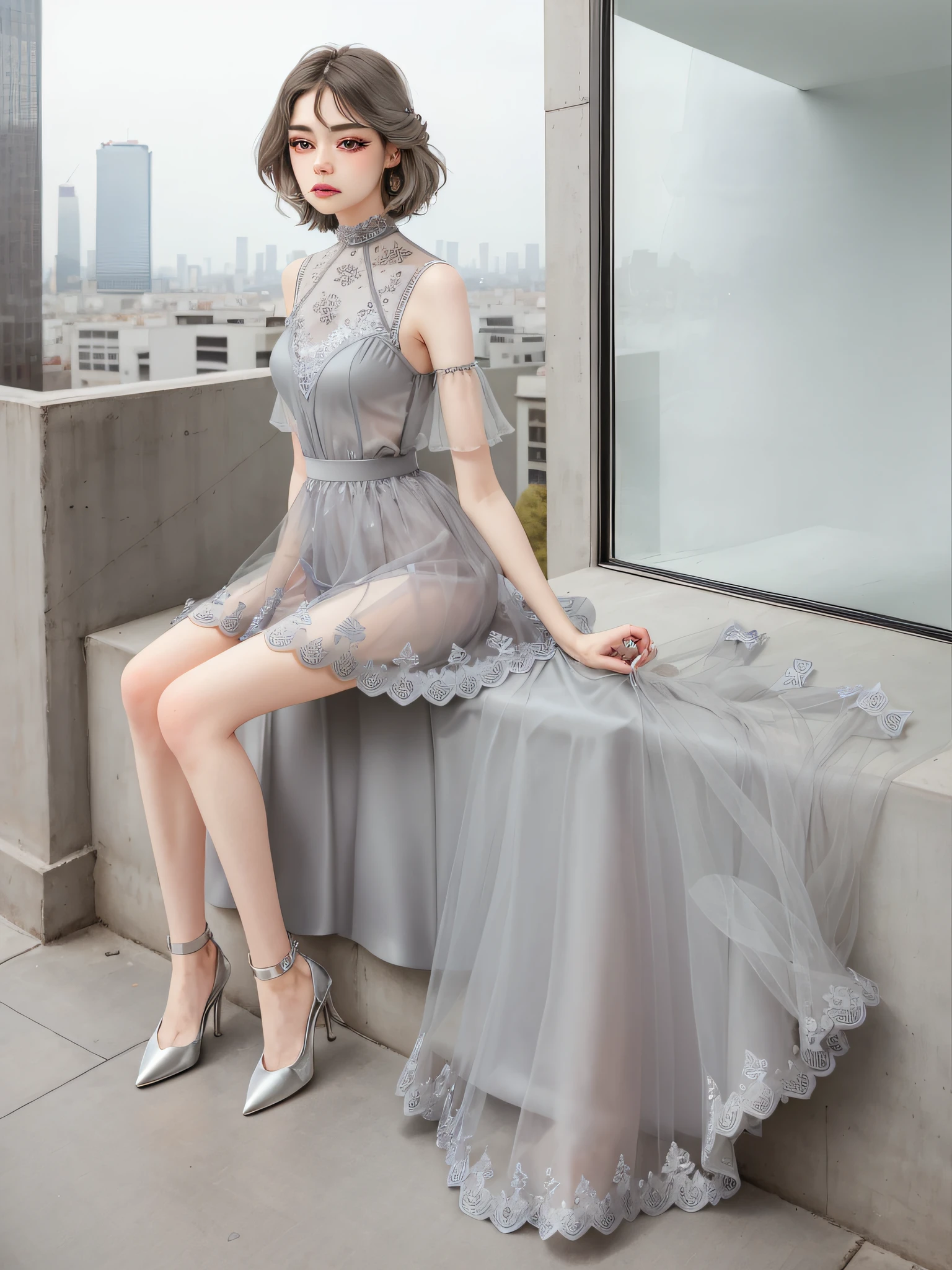 araffe woman in a gray dress sitting on a ledge, transparent gray dress, korean women's fashion model, elegant dress, lace dress, with a thin waist, wearing an elegant dress, laced dress, fancy silver dress, detailed lace dress, elegant clothes, femme, wearing silver dress, high fashion classy, stylish dress, elegant fashion model, gorgeous lady