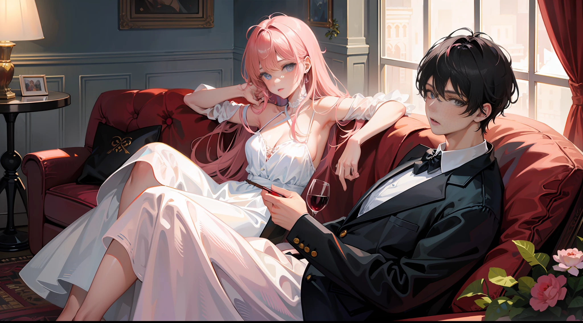 Masterpiece, best quality, super detailed, illustration, beautiful detailed eyes, close up, there is a boy and a girl in the room. On the sofa was a girl, with pink hair and a white slip dress, drinking red wine. The boy is black hair and black suit, standing in the doorway looking at the girl