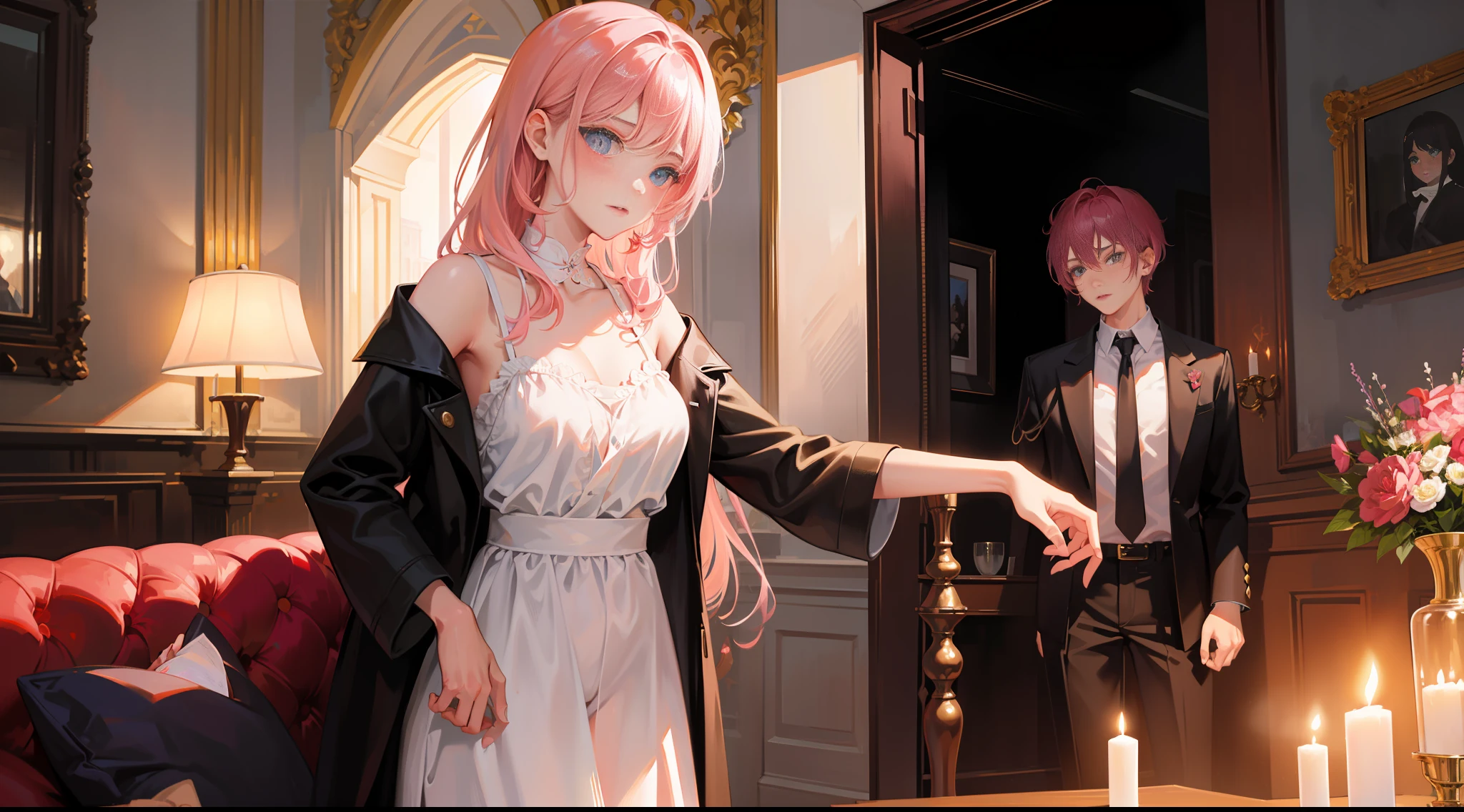 Masterpiece, best quality, super detailed, illustration, beautiful detailed eyes, close up, there is a boy and a girl in the room. On the sofa was a girl, with pink hair and a white slip dress, drinking red wine. The boy is black hair and black suit, standing in the doorway looking at the girl