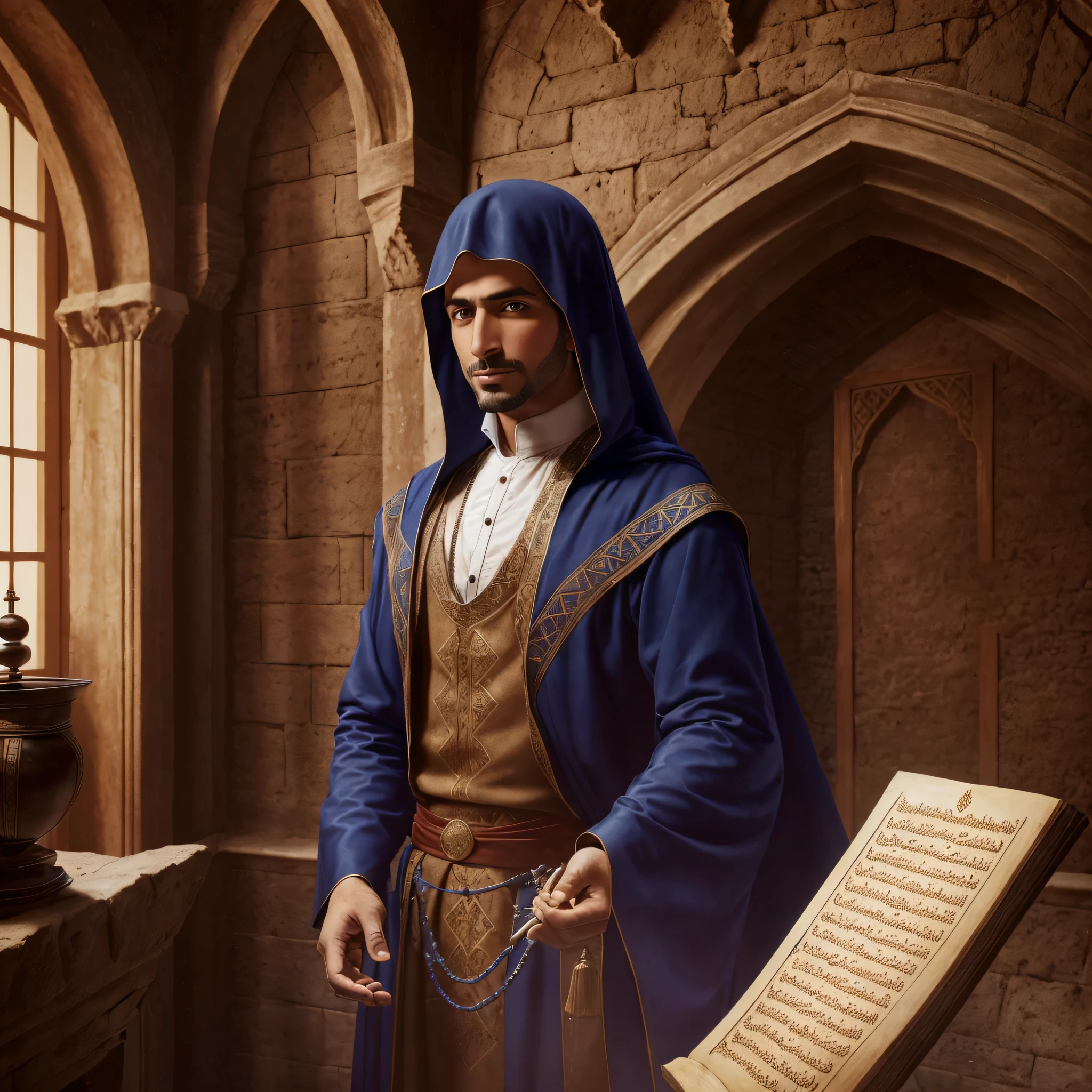 "((magician with Arabic traces in a medieval castle in Europe)), better quality, improved landscape, taller manuscripts, autosaturation, s2"