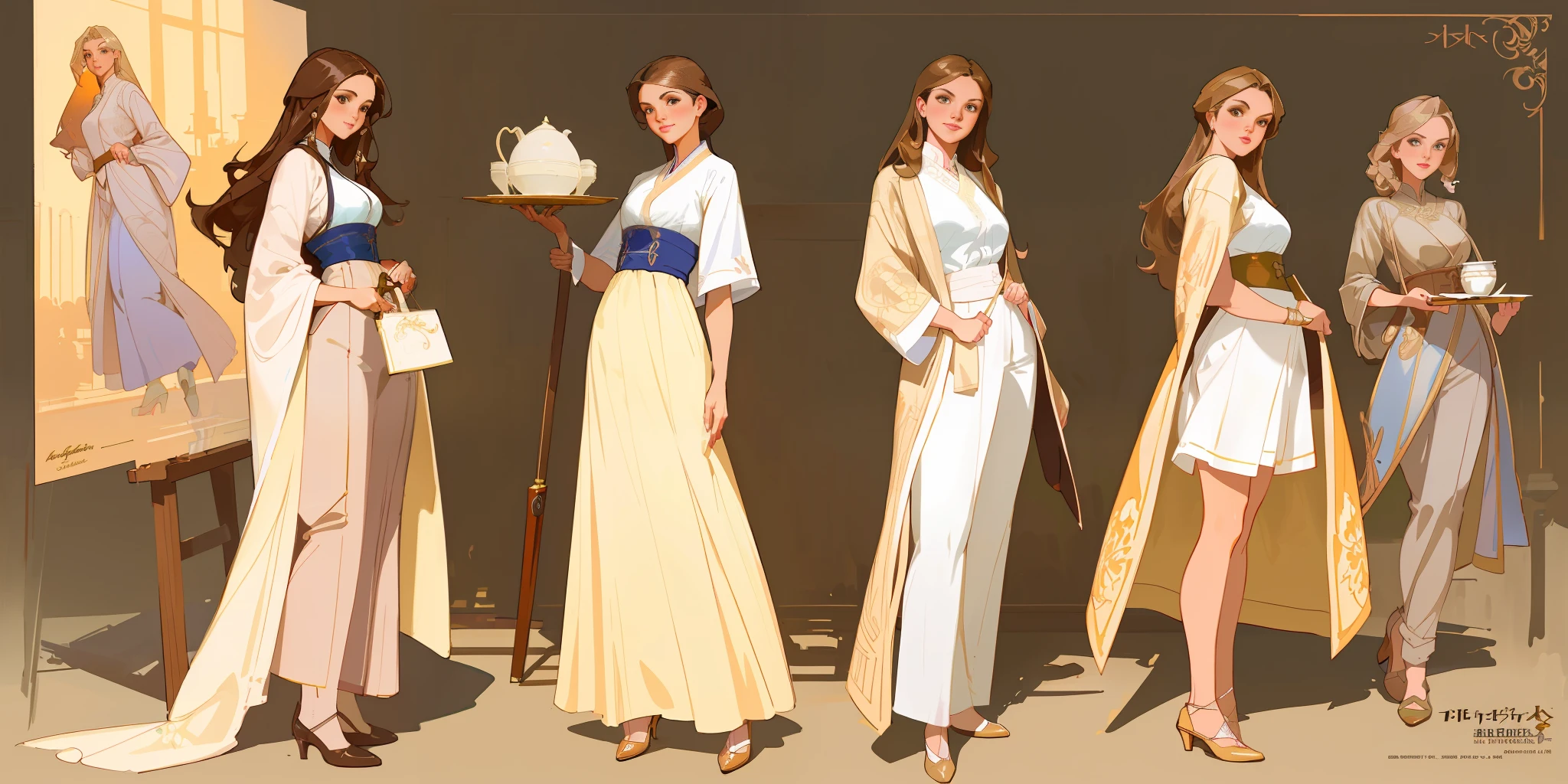 Best quality, 3 young adult women, character sheet, concept art, (full body, masterpiece: 1.2), (best quality: 1.3), insanely beautiful Caucasian women, long light brown windy hair, white, 3 stunning  women on their 20s, wearing an oriental clothing and designer shoes, temples and gardens as the background, winner attitude pose, with long light brown hair, assorted poses, in the style of Norman Rockwell, JC Leyendecker, Jordan Grimmer, soft pastel colors, intricate, elegant, highly detailed, digital painting, art station, concept art.