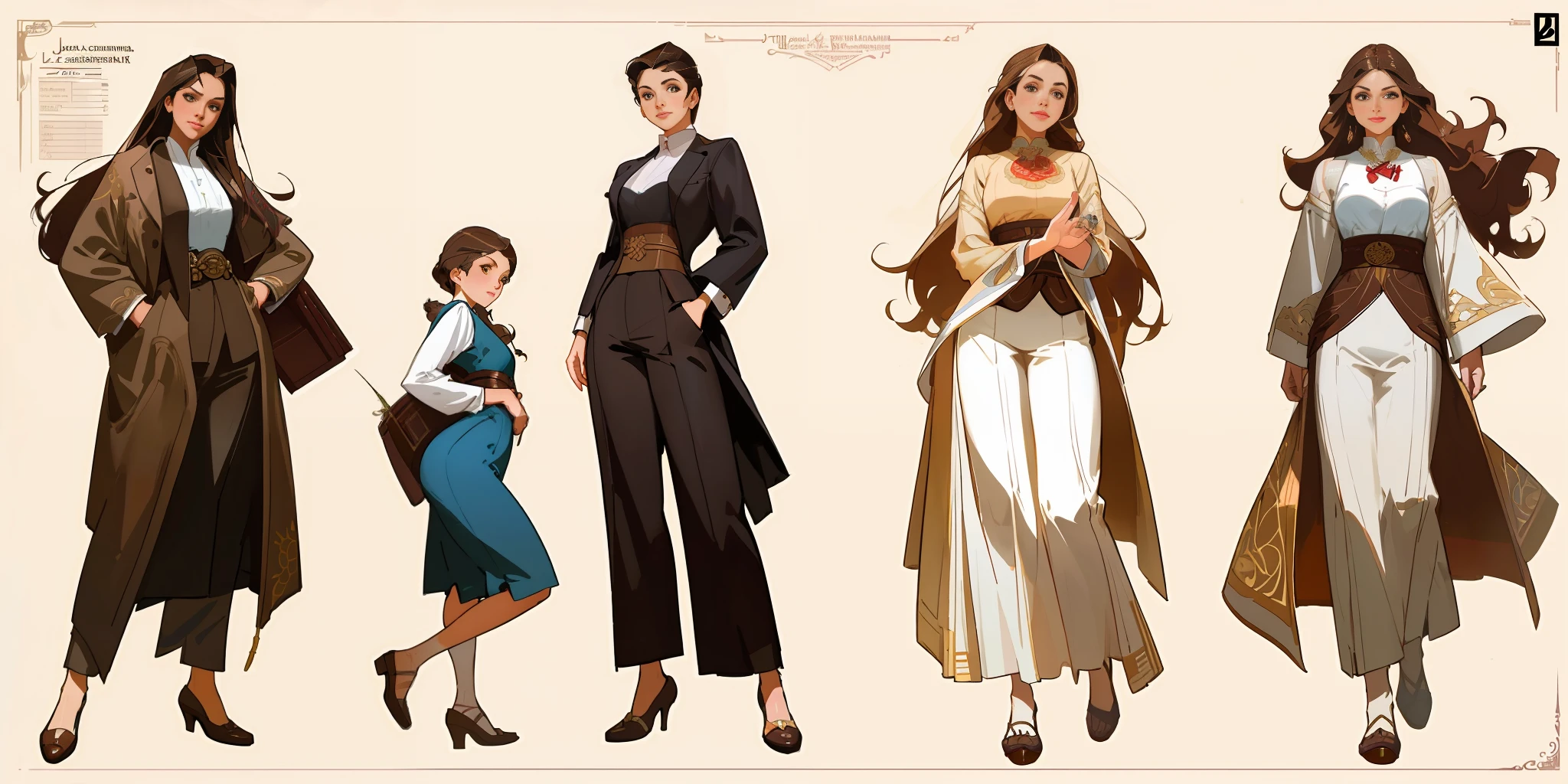Best quality, 3 young adult women, character sheet, concept art, (full body, masterpiece: 1.2), (best quality: 1.3), insanely beautiful Caucasian women, long light brown windy hair, white, 3 stunning  women on their 20s, wearing an oriental clothing and designer shoes, temples and gardens as the background, winner attitude pose, with long light brown hair, assorted poses, in the style of Norman Rockwell, JC Leyendecker, Jordan Grimmer, soft pastel colors, intricate, elegant, highly detailed, digital painting, art station, concept art.