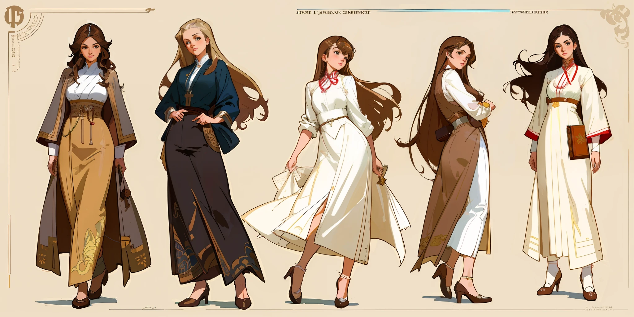 Best quality, 3 young adult women, character sheet, concept art, (full body, masterpiece: 1.2), (best quality: 1.3), insanely beautiful Caucasian women, long light brown windy hair, white, 3 stunning women on their 20s, wearing an oriental clothing and designer shoes, temples and gardens as the background, winner attitude pose, with long light brown hair, assorted poses, in the style of Norman Rockwell, JC Leyendecker, Jordan Grimmer, soft pastel colors, intricate, elegant, highly detailed, digital painting, art station, concept art.