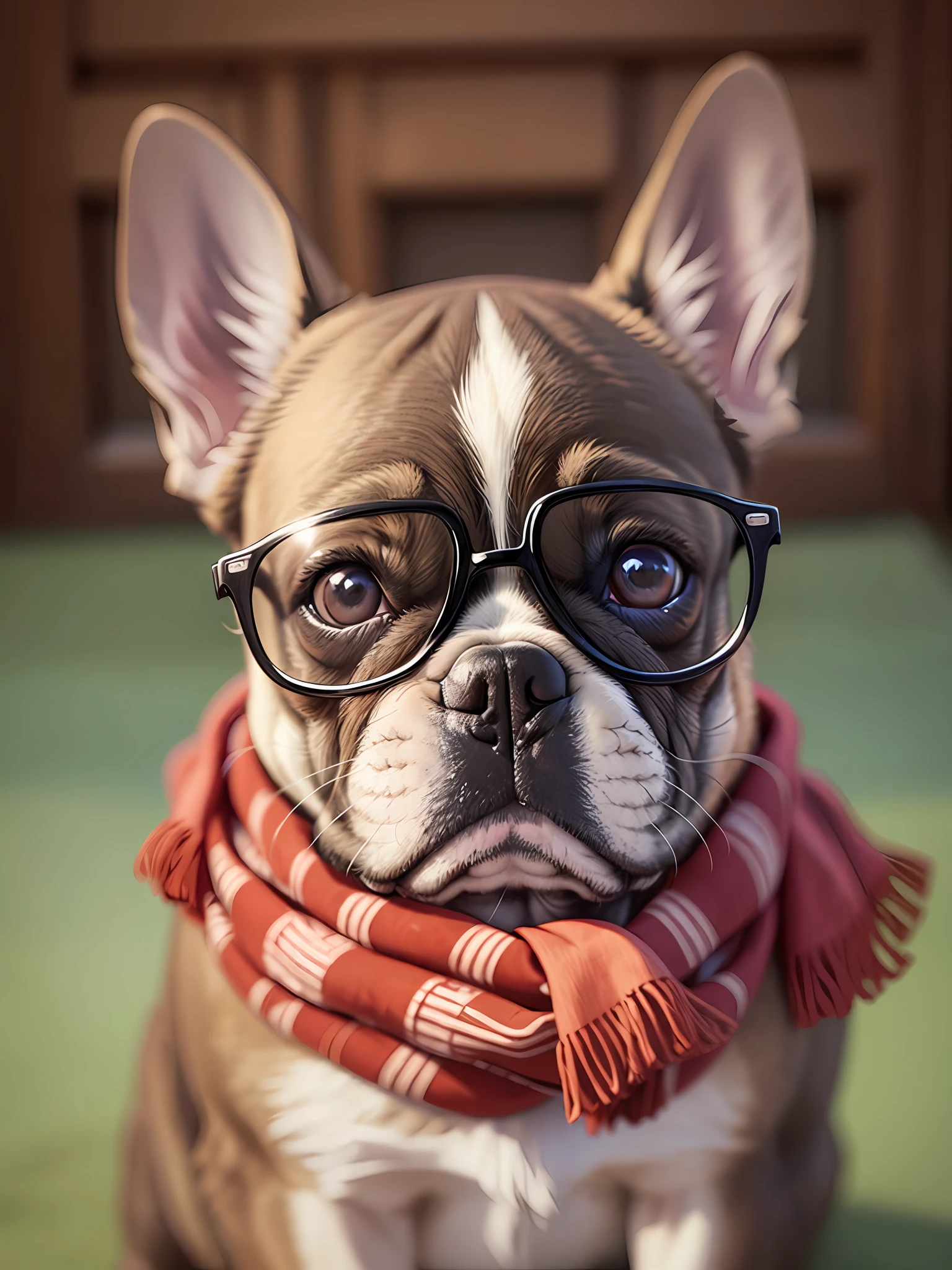french bulldog, wearing scarf and glasses, realistic photo --auto --s2