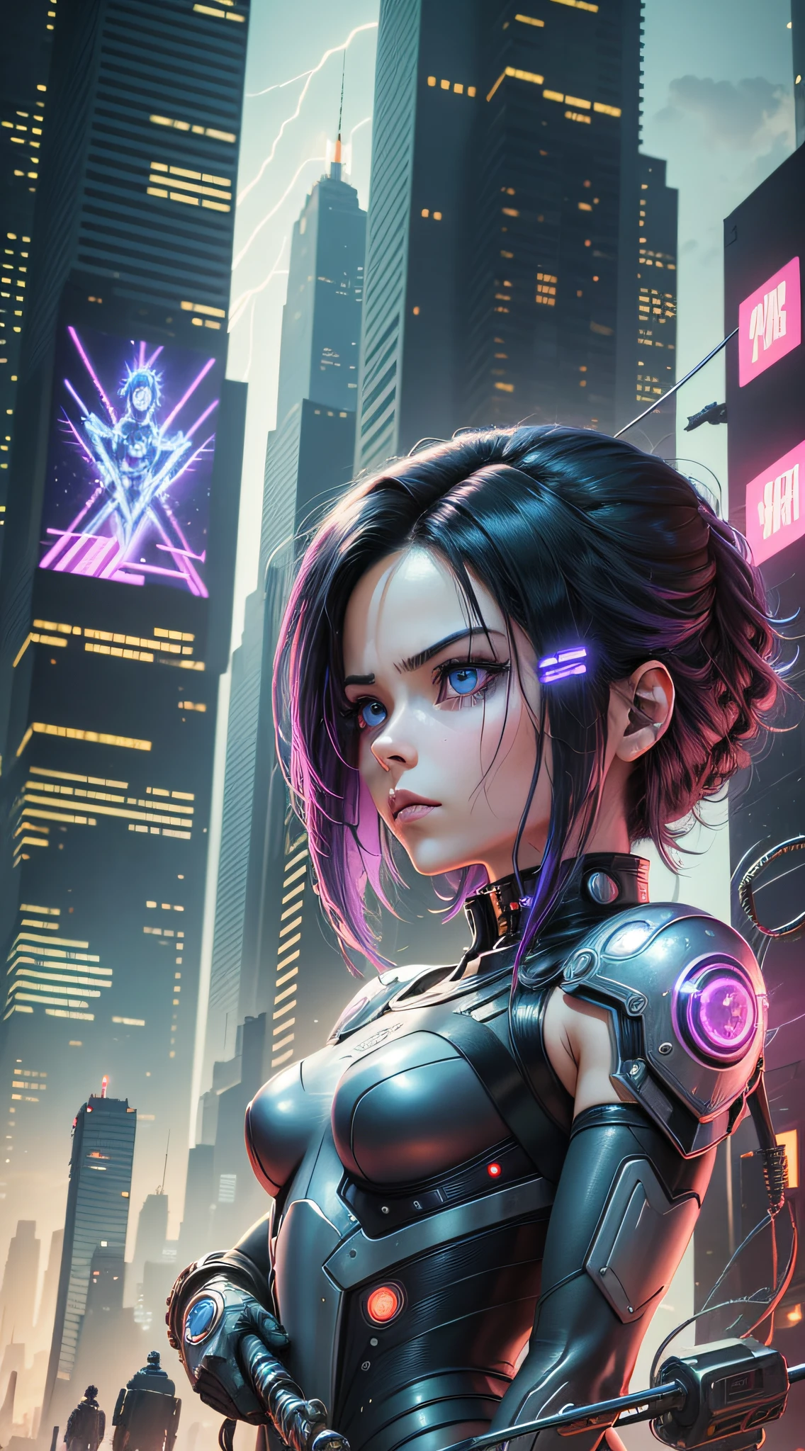 In a dystopian, cyberpunk setting, a cybernetic warrior wields a shining sword with determination and courage. She is Alita, the battle angel, a heroine who fights for freedom and justice in a world dominated by oppressive forces. Her face expresses confidence and hope, contrasting with the gloomy, seedy landscape behind her. The city is a labyrinth of skyscrapers, antennas, cables and neon lights, which create a dramatic and futuristic effect. The image is a masterpiece of digital art, with a realistic and detailed style reminiscent of the works of Barclay Shaw and Chris Moore. The illustration was done by Jason Teraoka, based on the top cow comics of Alita: Battle Angel, which in turn were inspired by the original manga by Yukito Kishiro. The image is a tribute to the iconic character and his epic saga., Futurism, cinematic lighting, high details, super detail, anatomically correct, best quality --auto --s2