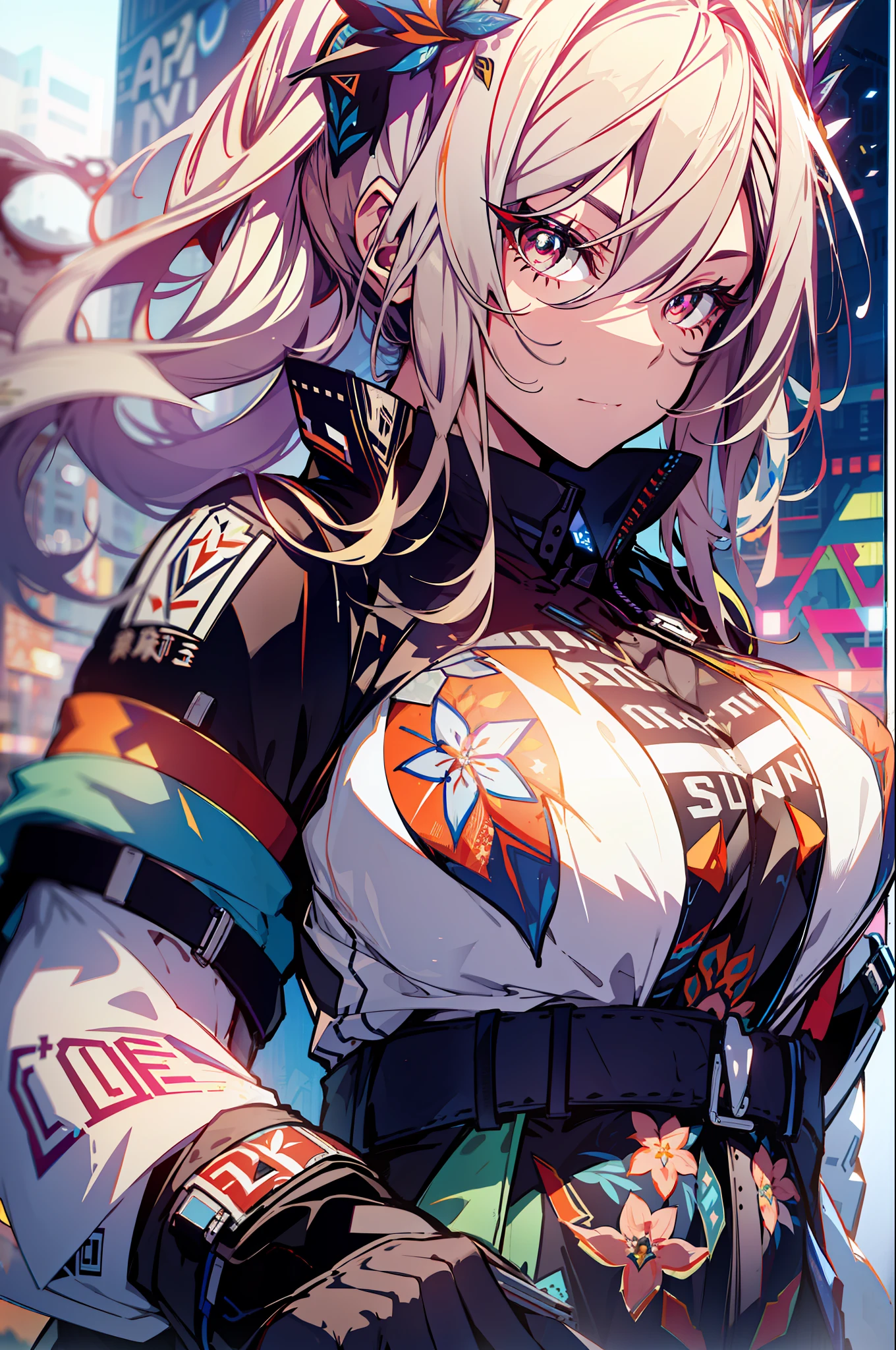 background, mixed-language_text, Japanese letters in graffit, girls, long blonde hair, excellent lighting, sidelighting, perfect ultimate (flat color: 1.3), (magazine_cover: 1.4), (multicolored_background: 1.3), striped_background, card_background, :: discs with sharp and shiny blades in the hand :: circular pieces of white metals glued to the ultra detailed arms coming out sparkling glow, black star design stamped in the middle of the shirt , perfect and detailed, ultra detailed shirt with abstract design and with Japanese letter print in graffiti on the sides of the clothes, image of girls with big breast, on top of a futuristic motorcycle, with immersive effects, hover effect, background graffiti style tribal tattoo with flowers and vibrant colors, "ultra HDR" detailed and with focus effect, (masterpiece: 1.2, best quality), (beautiful eyes with huge eyelashes finely detailed: 1.2), , ((Solo)), (Finely detailed eyes and detailed face :1.3), in various full-body attack poses, (cute background: 1.2),futuristic costume, super detailed circular metals Grabbed on arms and pants, fantastic paintings