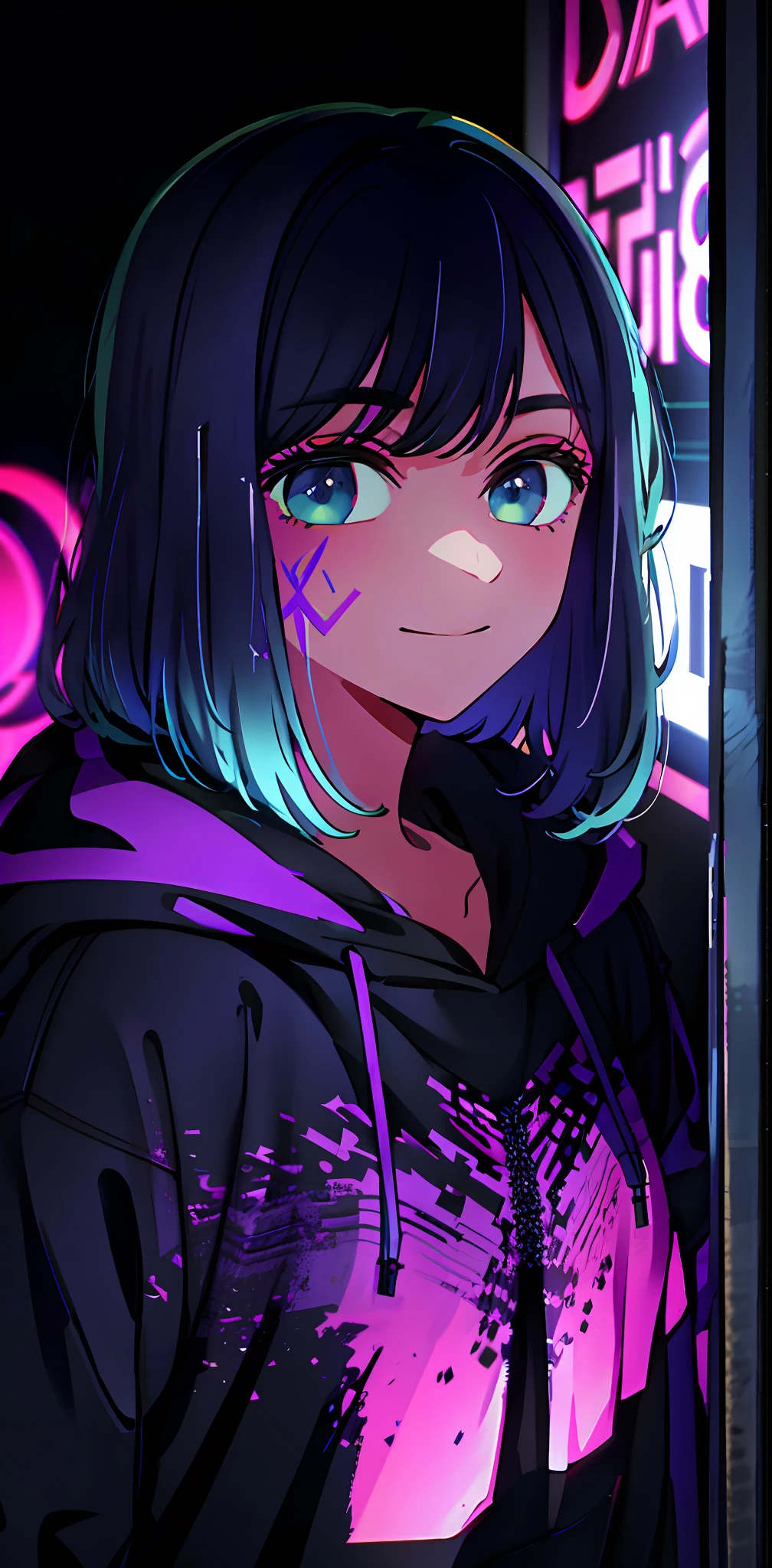 detailed background, masterpiece, best quality, smile, ornament, hoodie, portrait, neon, graffiti, dark, night, glowing eyes, blacklight