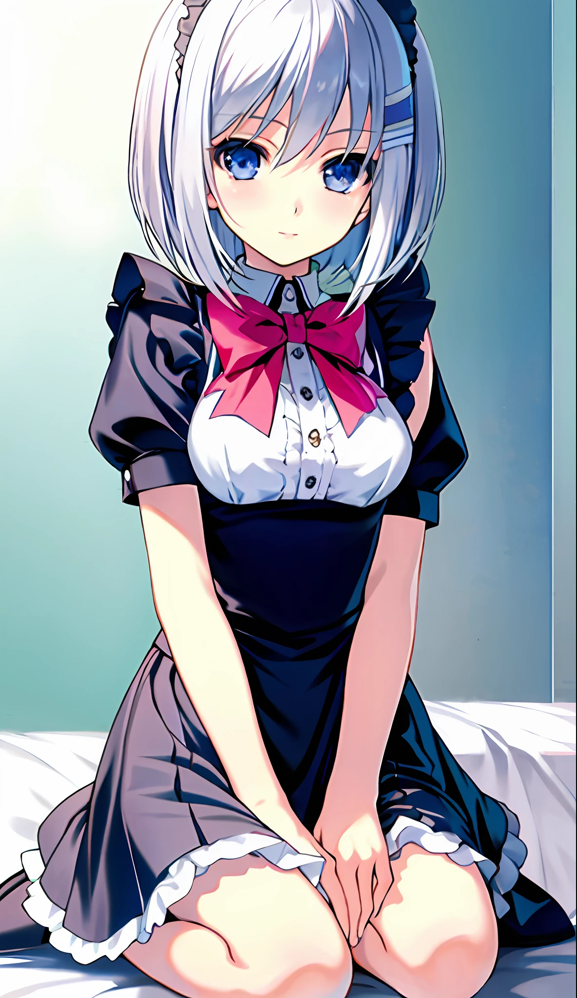 Front facing, 18 year old beautiful girl, masterpiece, best quality, 8K anime, Seiza, Upper eyes, detailed fingers, Precise fingers, Non-unnatural hands, Illustration, 1 girl, Solo, Silver hair bob cut, Miniskirt maid clothes, ORIGAMI