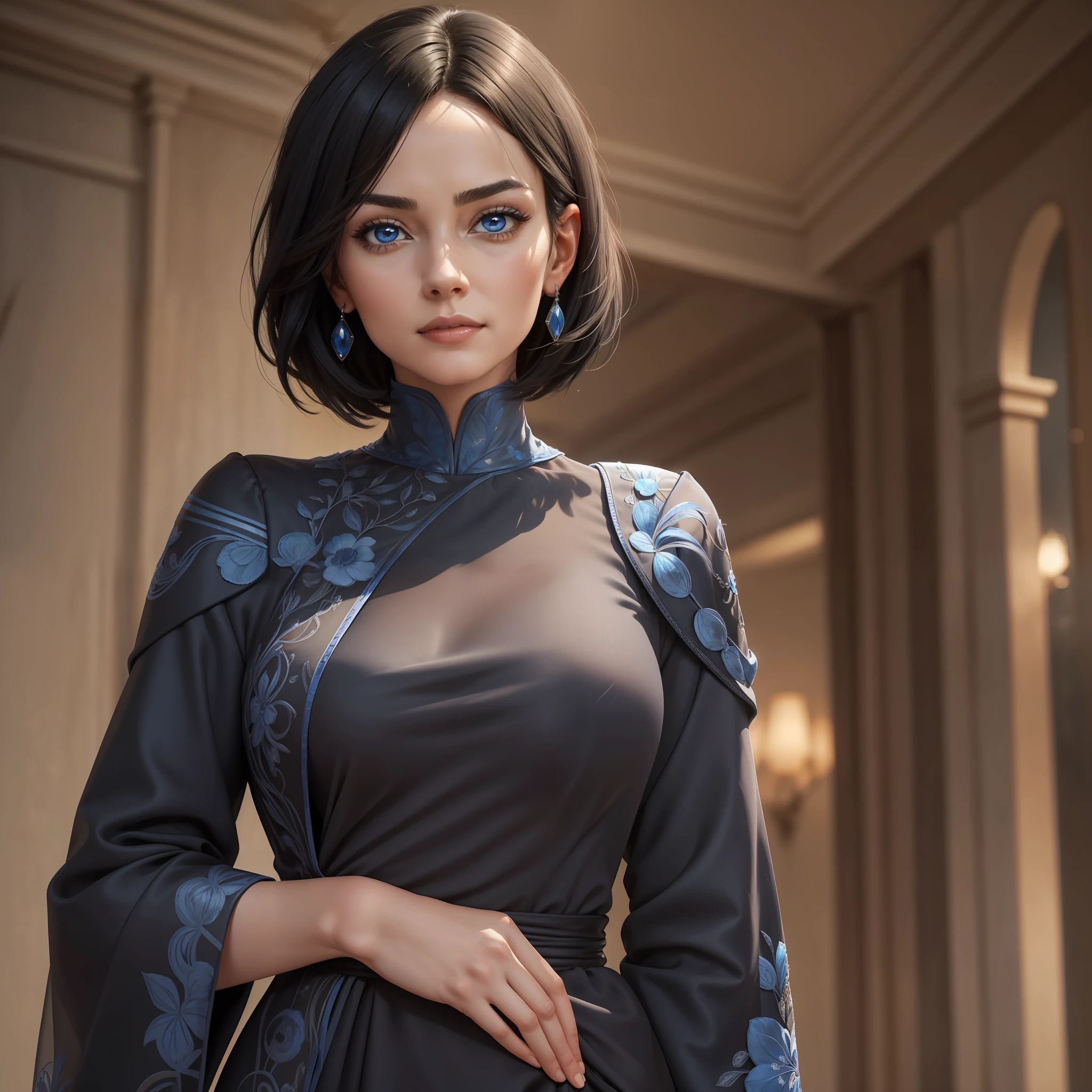 A middle-aged woman with short black hair over her shoulders. His eyes are an intense blue, which shine with wit and vivacity. She has a fair and flawless skin with no apparent imperfections. His figure is slender and elegant, with a haughty and confident posture. Victoria wears bespoke and elegant clothes, usually in neutral tones such as black and grey, which enhance her sophistication. His face features delicate features and a controlled expression, reflecting his confidence and authority.