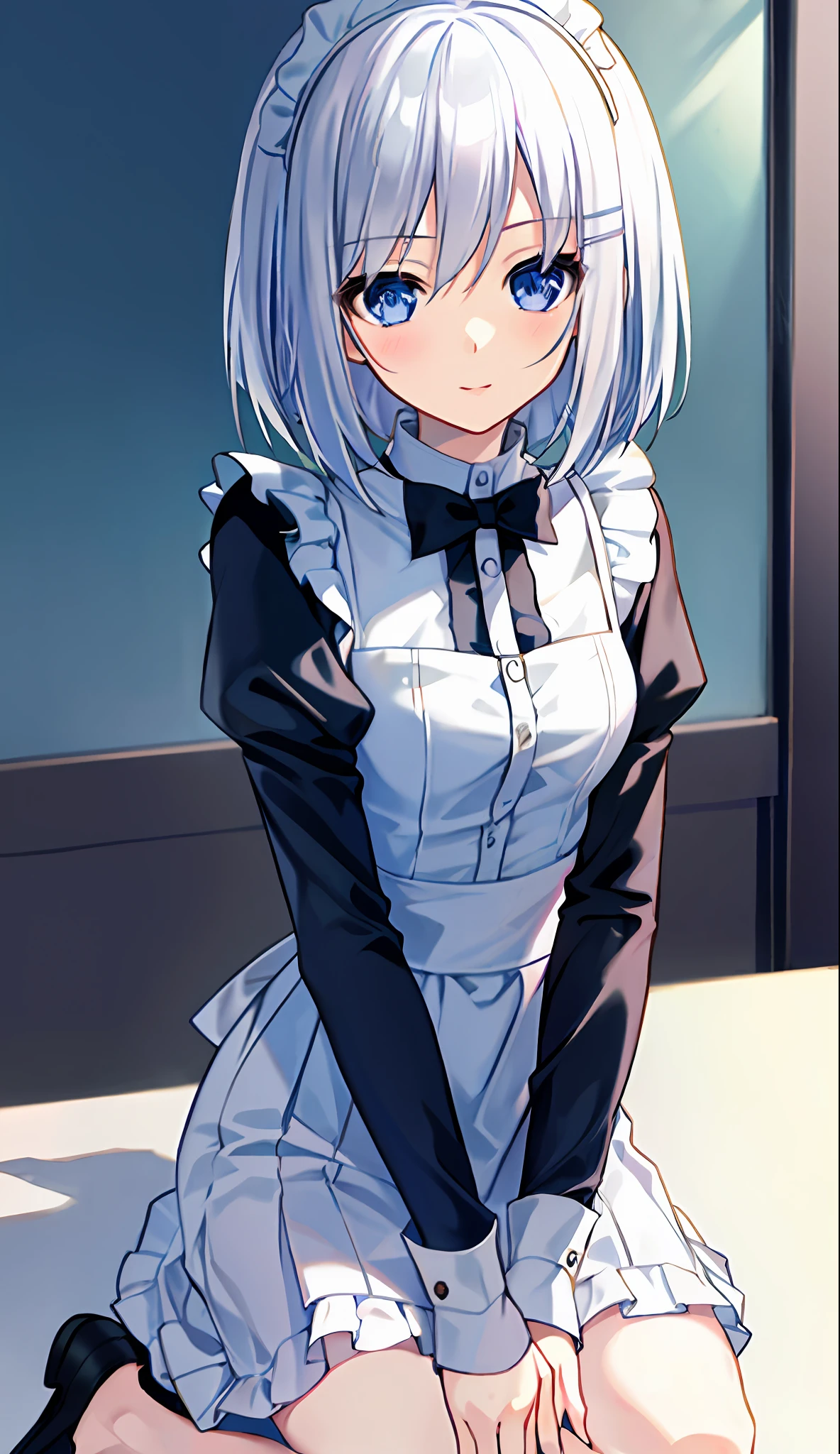 Front facing, 18 year old beautiful girl, masterpiece, best quality, 8K anime, Seiza, Upper eyes, detailed fingers, Precise fingers, Non-unnatural hands, Illustration, 1 girl, Solo, Silver hair bob cut, Miniskirt maid clothes, ORIGAMI