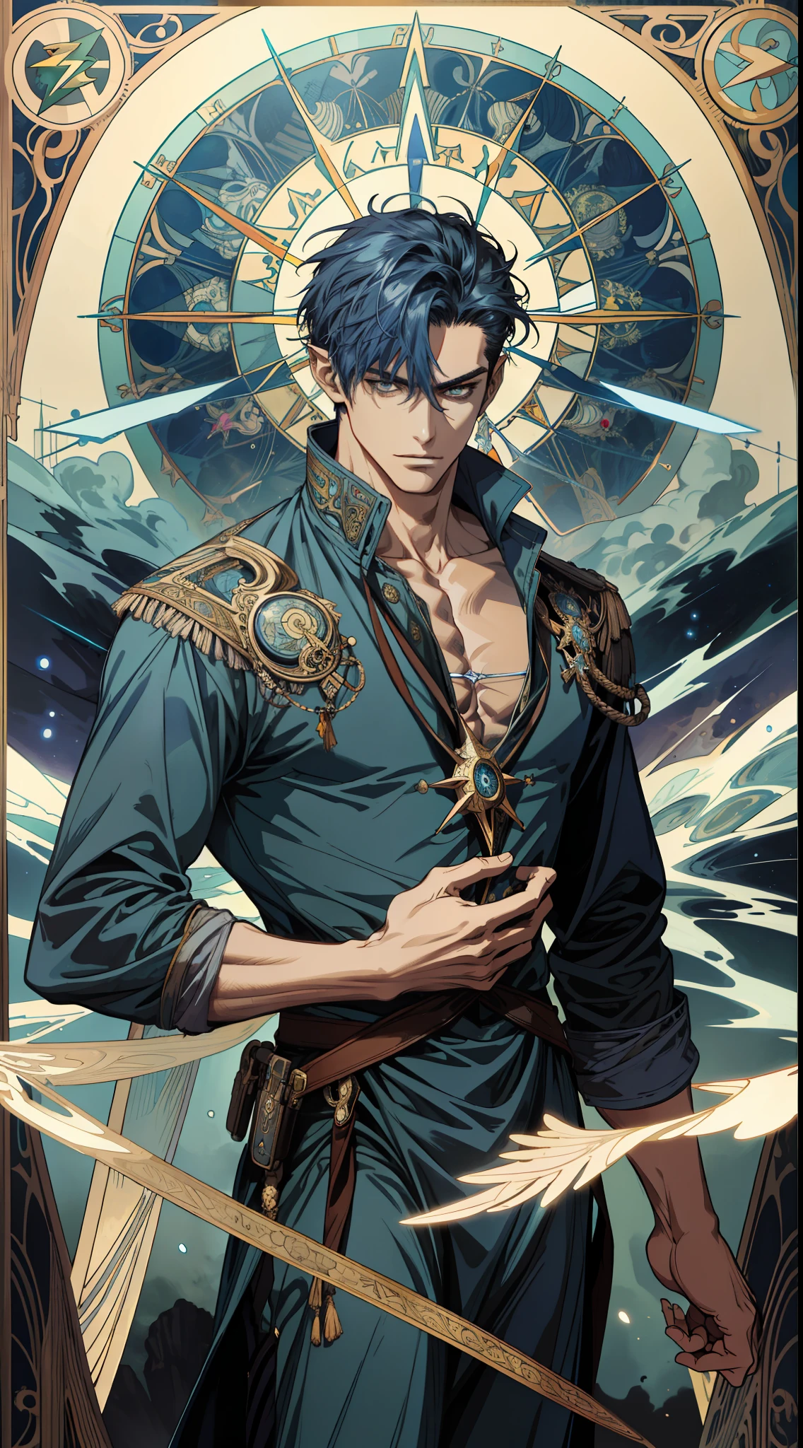 (absurd, high resolution, super detailed), 1 male, dark blue hair, bronzed skin, deep facial features, rugged face, Victorian style, navigator costume, (elven mixed male: 1.2), adult, (muscle: 1.2), (strong male: 1.2), broad shoulders, fine eyes and detailed face, hanged man\tarot card\, hanged man, ocean, storm, lightning, compass, symbolism, visual arts, occult, universal, visual projection, philosophy, iconography, numerology, pop, Art, Alphonse Mucha