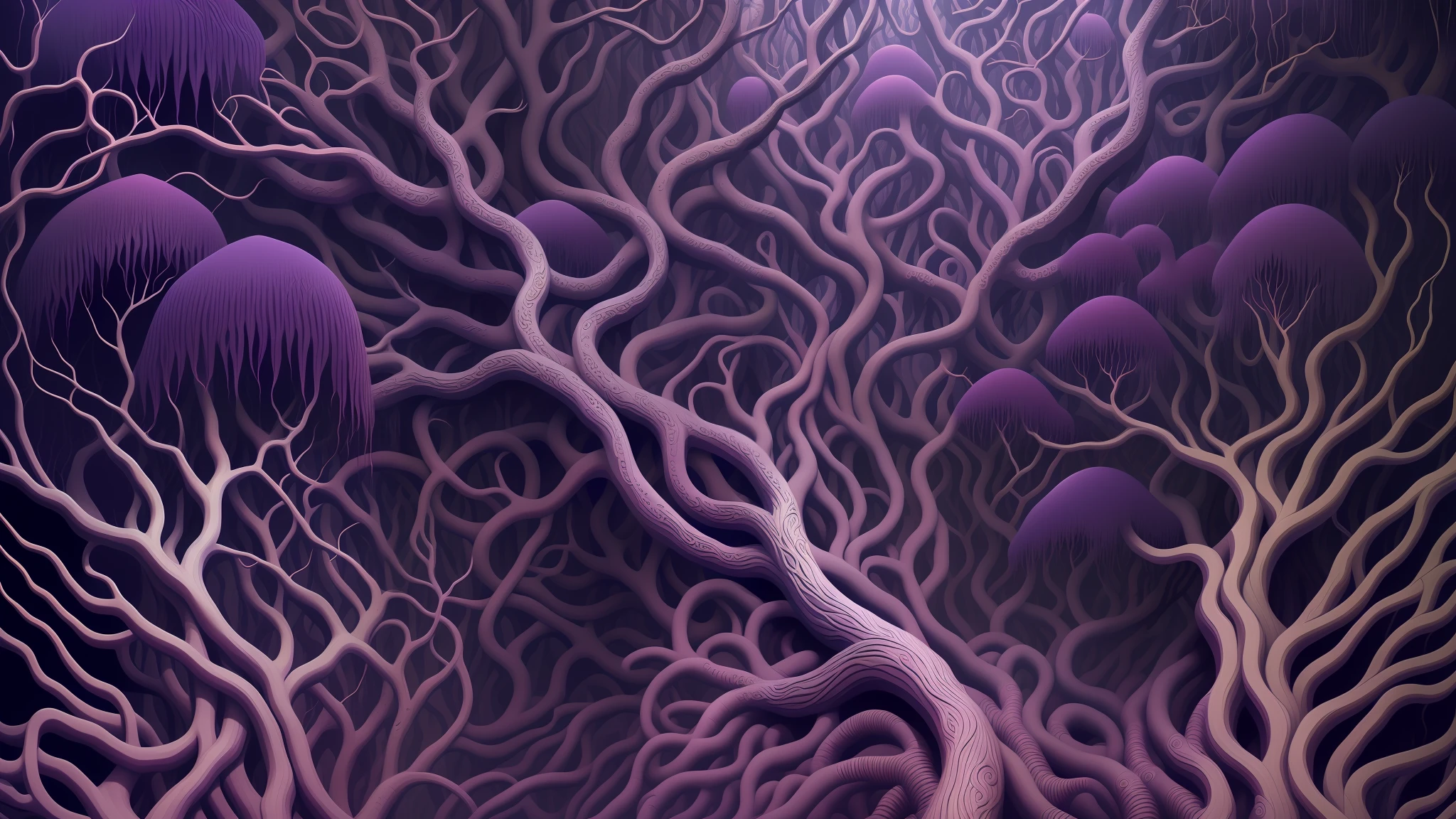 Fantastic forest, crazy details, intricate details, super detailed, gothic, James Jean, fractals, intricate background, red-purple tentacle like roots, smooth and shiny, living flesh and blood roots, HD, high quality flesh and blood texture