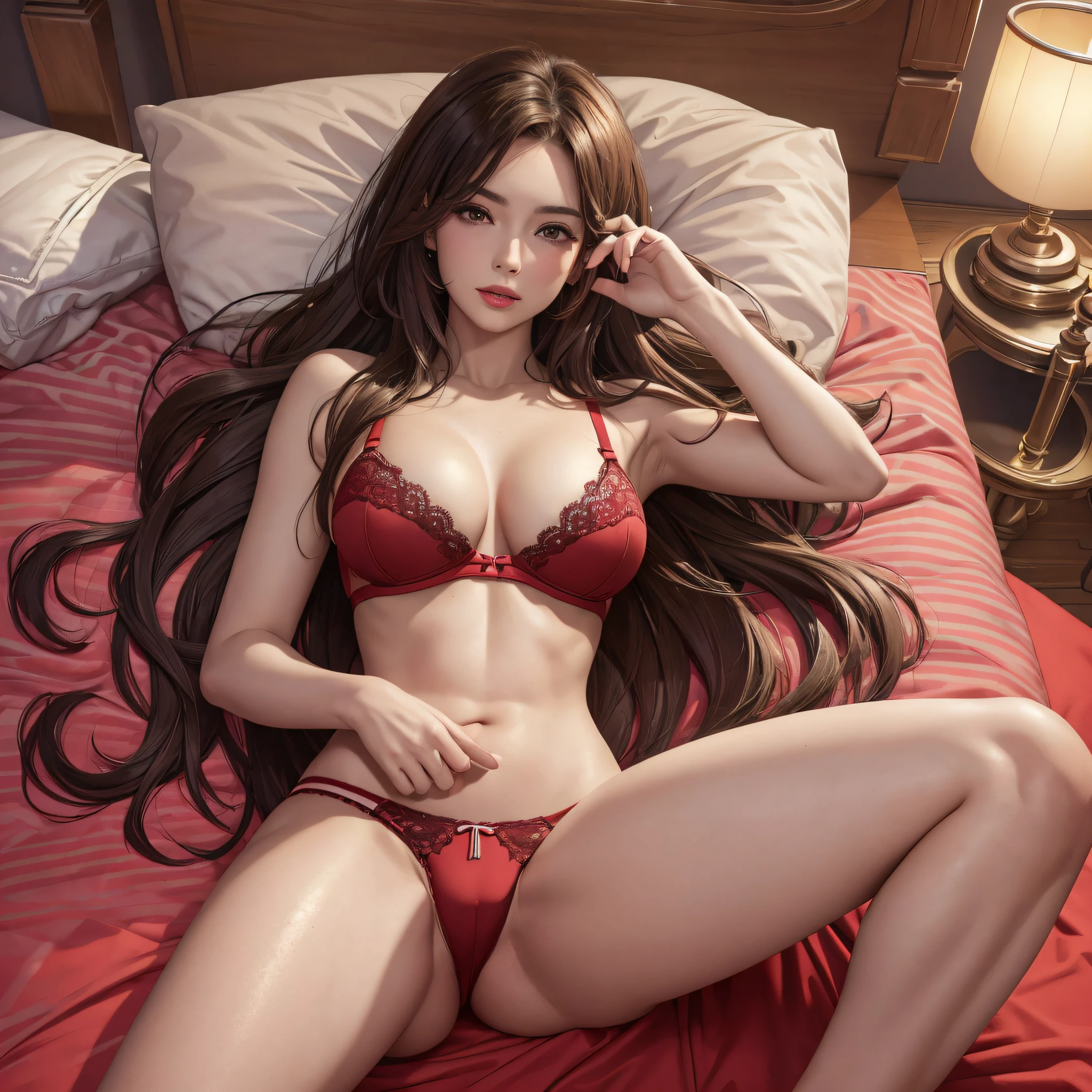 ((top quality, 8k, masterpiece: 1.3)), beauty, 1 girl, large: 1.3, slender abs: 1.1, dark brown hair, (lying on the bed, legs open: 1.2), camel's paw, ultra detailed face, highly detailed lips, red lipstick, detailed eyes, double eyelids, red bra red panties --auto --s2