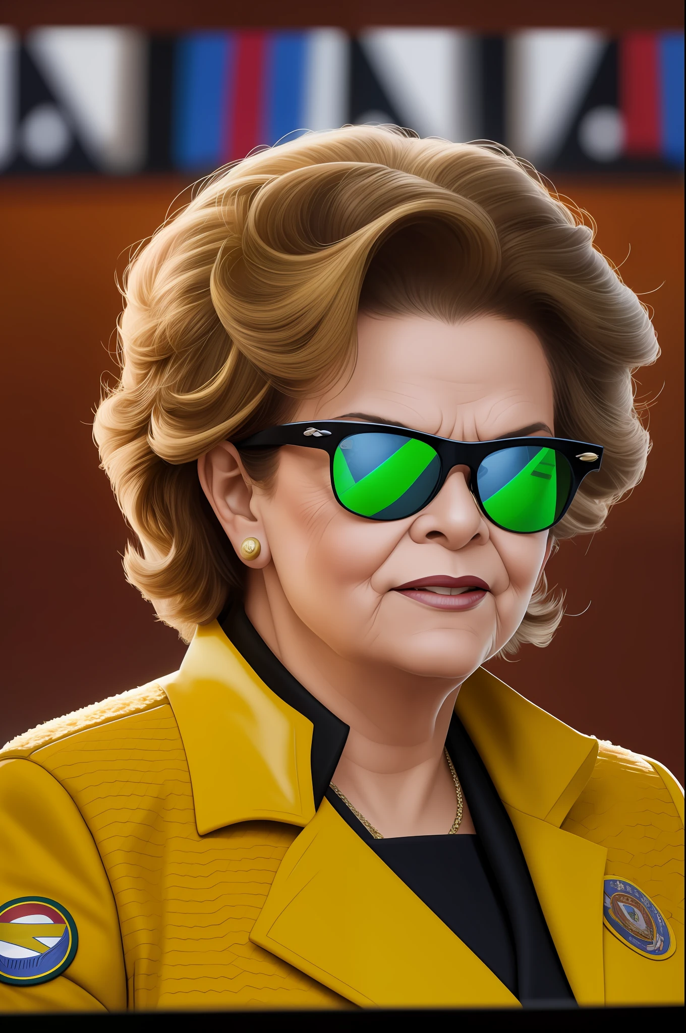 Dilma Rousseff wearing a black and til letter jacket, using ray ban glasses, a badass expression on her face, epic lighting, National Congress Palace of Brasilia as background