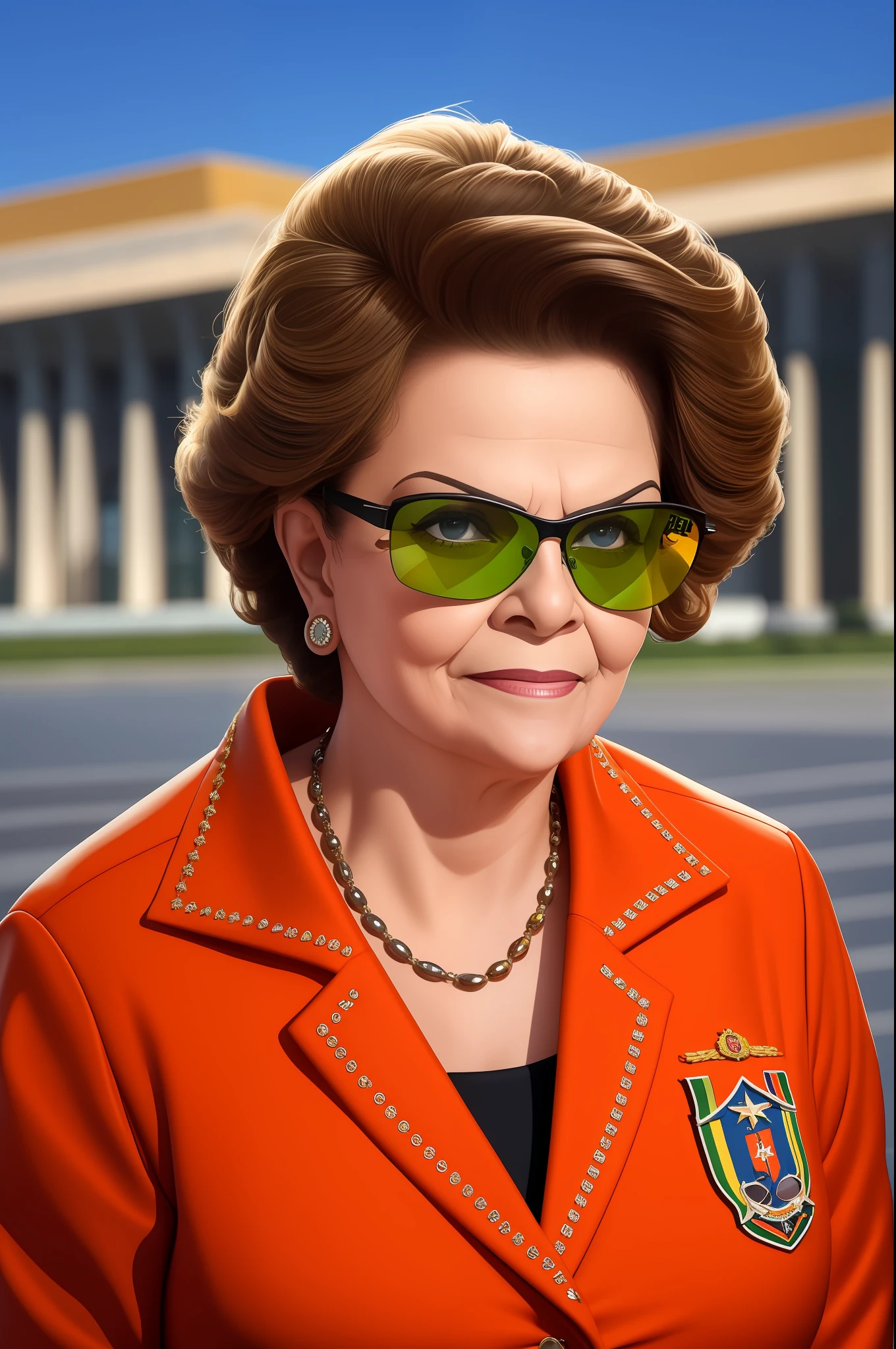 Dilma Rousseff wearing a black and til letter jacket, using ray ban glasses, a badass expression on her face, epic lighting, National Congress Palace of Brasilia as background