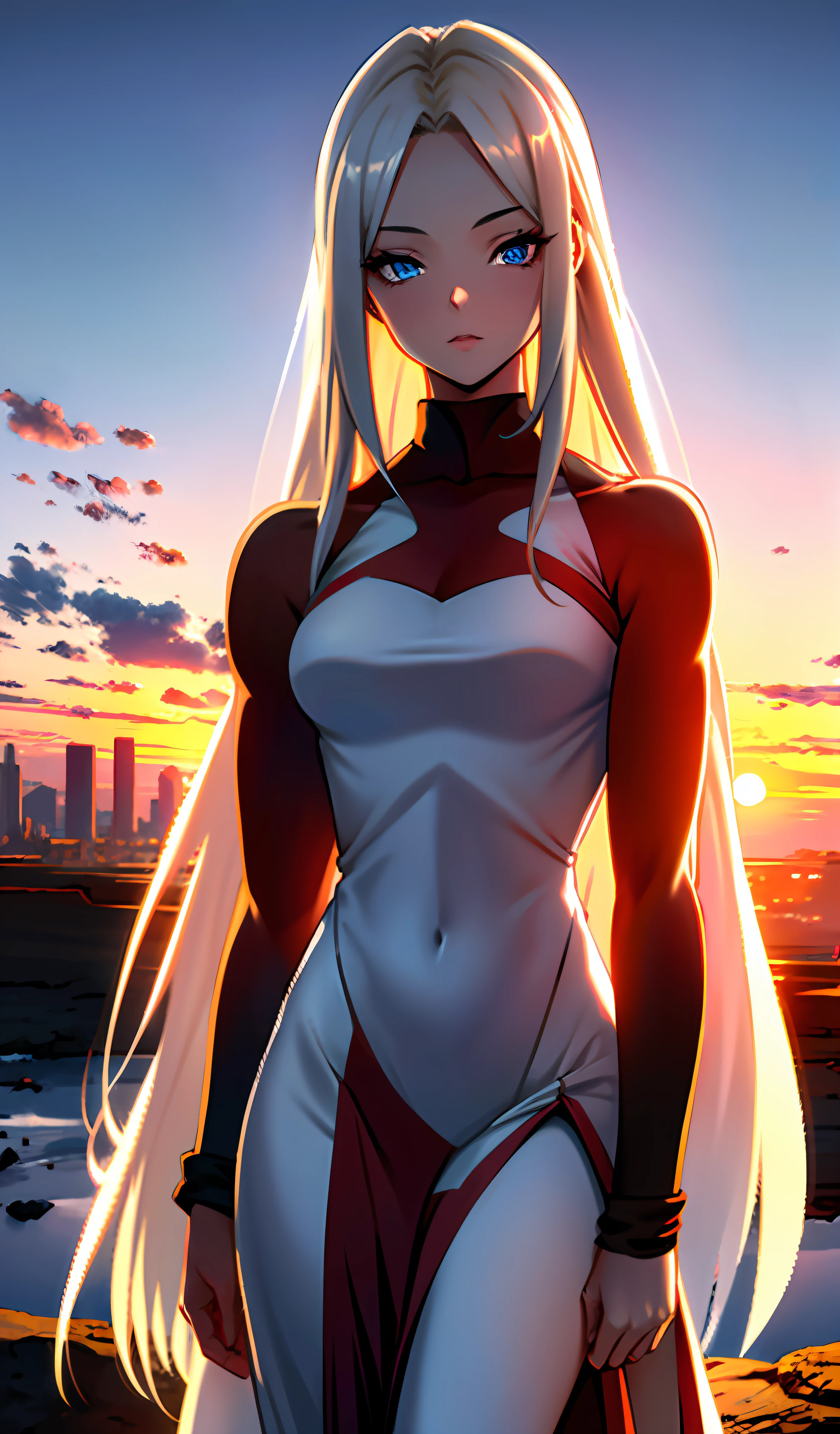 1 girl, serene expression, mesmerizing eyes, long straight hair, flowing dress, balanced posture, porcelain skin, sunset. Cracked and defined abdomen, fitness body. High quality, 8k, no noise, anime setting,