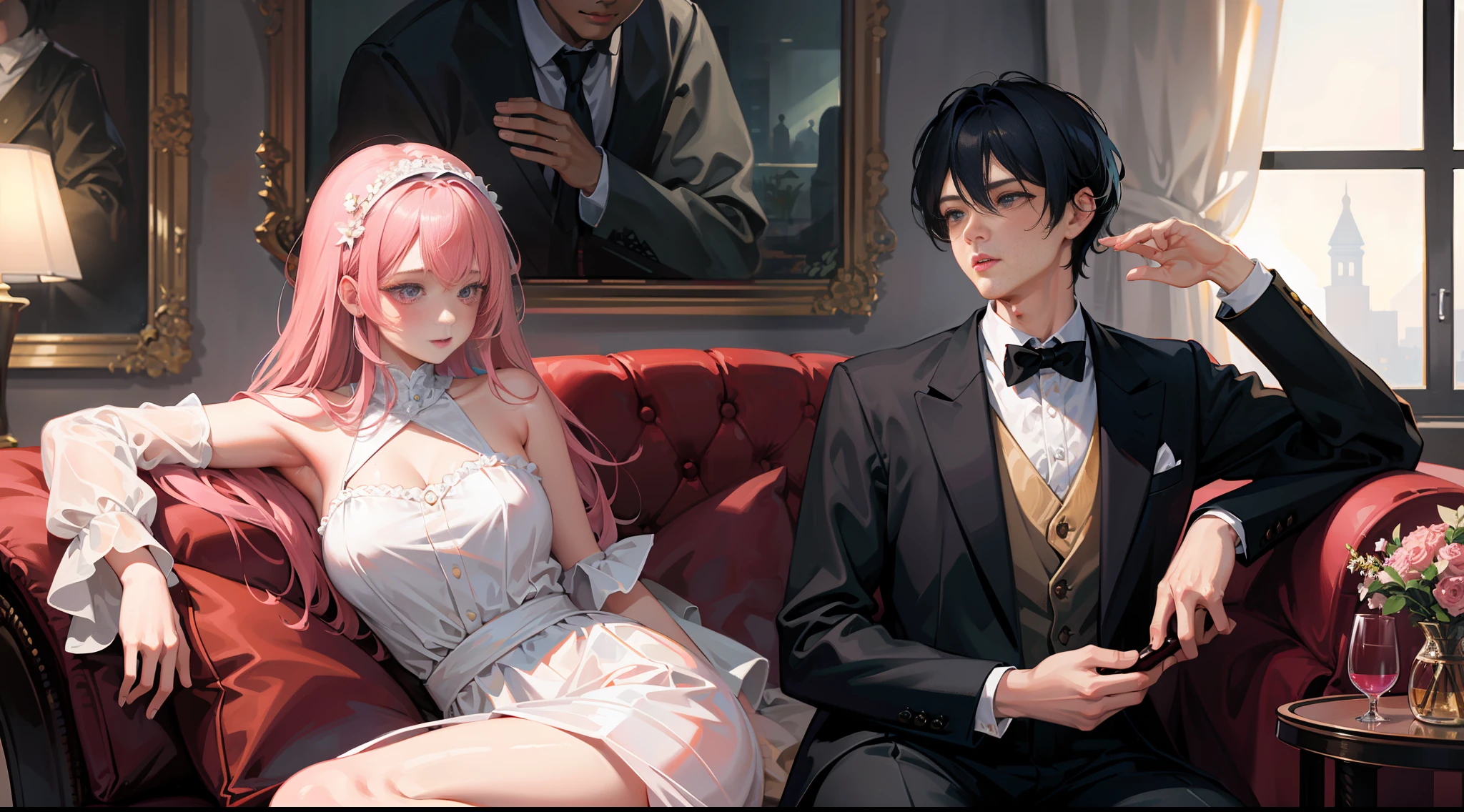 Masterpiece, best quality, super detailed, illustration, beautiful detailed eyes, close up, there is a boy and a girl in the room. The girl is pink hair white slip dress, lying on the sofa drinking red wine. The boy is black hair and black suit, standing in the room looking at the girl