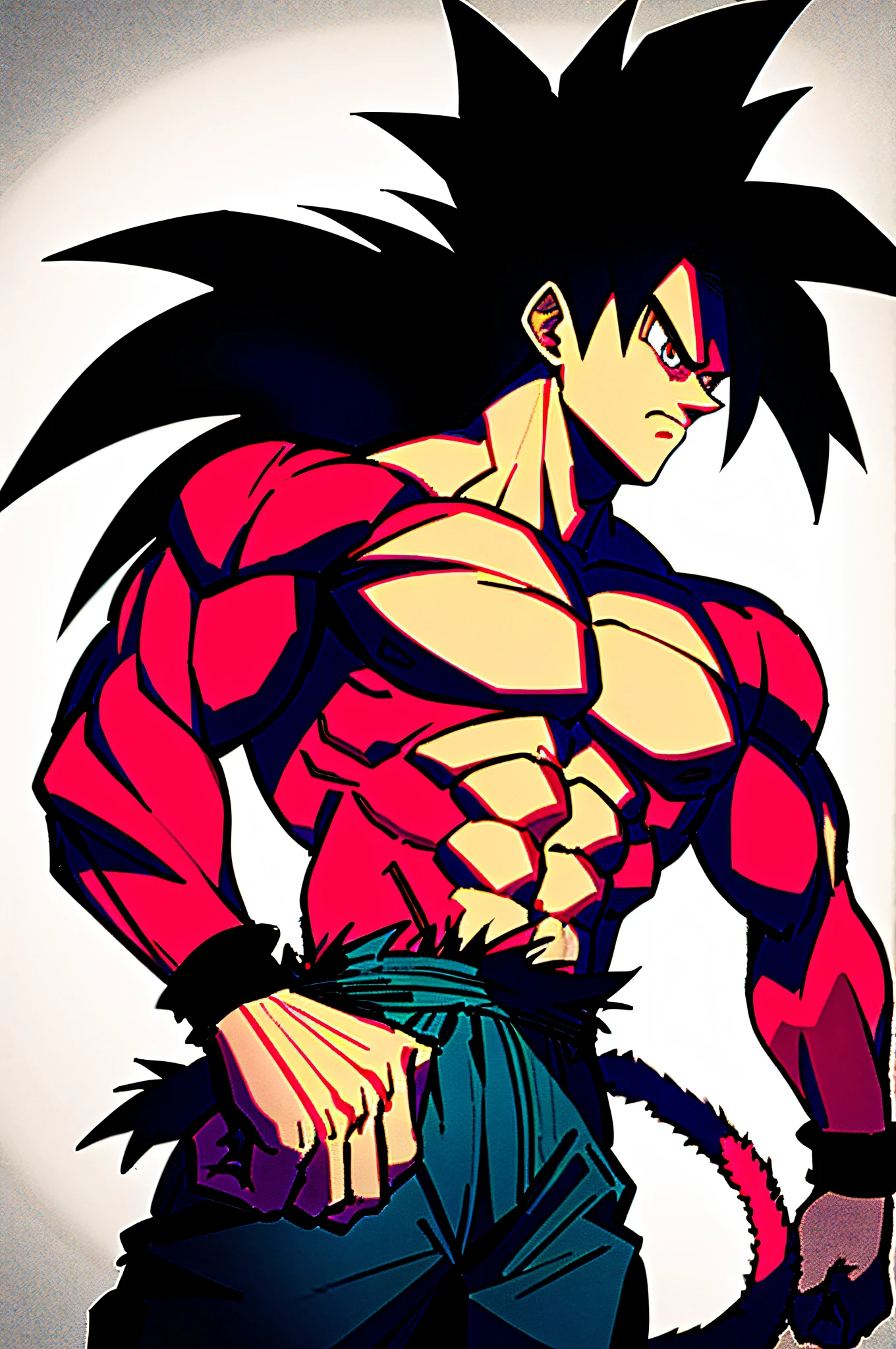 son goku, 1boy, arms at sides, artist name, baggy pants, biceps, black hair, blood, blood from mouth, blue sash, blue wristband, blurry, blurry background, body fur, closed mouth, collarbone, frown, long hair, looking away, looking to the side, male focus, monkey tail, muscular, muscular male, pants, pectorals, red fur, sash, scratches, serious, simple background, solo, spiked hair, standing, super saiyan, super saiyan 4, tail, torn clothes, twitter username, v-shaped eyebrows, wristband, yellow eyes, yellow pants, ((masterpiece)) 1boy, mouth closed, male focus, muscular, muscular male, rock, track, serious, solo, spiked hair, ??????? male, torn clothes, ultra instinct, black eyes, black hair, ((masterpiece))