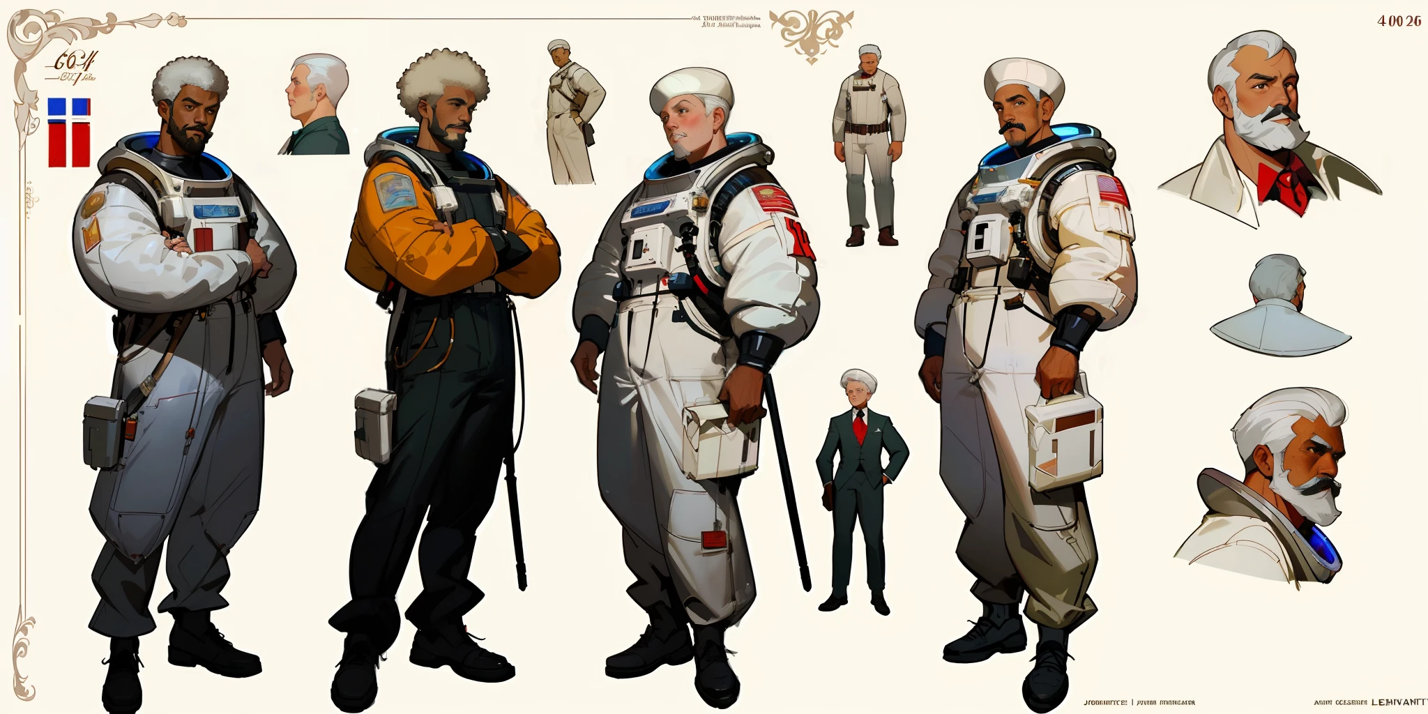 Best quality, 3 adult men, character sheet, concept art, (full body, masterpiece: 1.2), (best quality: 1.3), ordinary Afro-American black men, short white hair, white beard and moustach, 3 fitted men on their 40s, wearing an astronaut suit and shoes, the universe as the background, winner attitude pose, with short white hair, assorted poses, in the style of Norman Rockwell, JC Leyendecker, Jordan Grimmer, soft pastel colors, intricate, elegant, highly detailed, digital painting, art station, concept art.