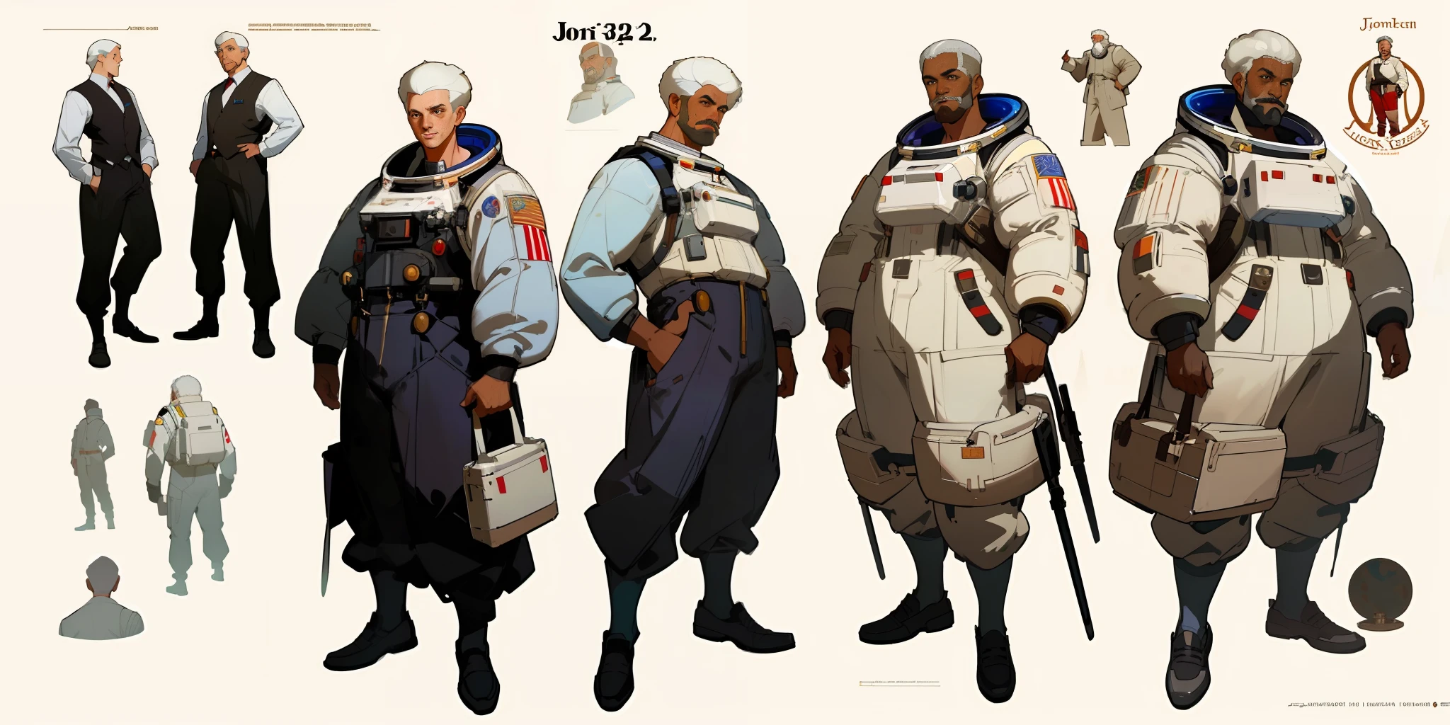 Best quality, 3 adult men, character sheet, concept art, (full body, masterpiece: 1.2), (best quality: 1.3), ordinary Afro-American black men, short white hair, white beard and moustach, 3 fitted men on their 40s, wearing an astronaut suit and shoes, the universe as the background, winner attitude pose, with short white hair, assorted poses, in the style of Norman Rockwell, JC Leyendecker, Jordan Grimmer, soft pastel colors, intricate, elegant, highly detailed, digital painting, art station, concept art.