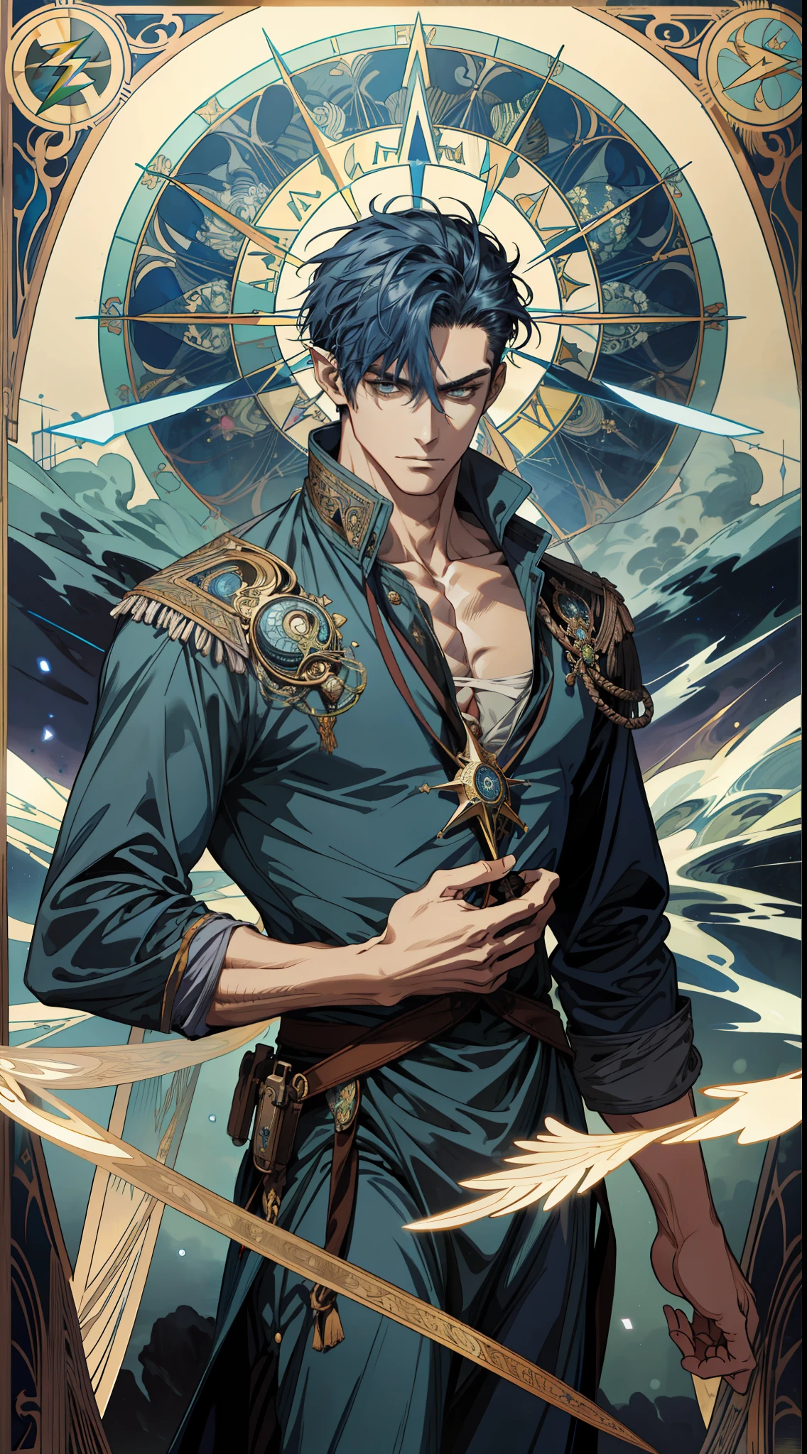 (absurd, high resolution, super detailed), 1 male, dark blue hair, bronzed skin, deep facial features, rugged face, Victorian style, navigator costume, (elven mixed male: 1.2), adult, (muscle: 1.2), (strong male: 1.2), broad shoulders, fine eyes and detailed face, hanged man\tarot card\, hanged man, ocean, storm, lightning, compass, symbolism, visual arts, occult, universal, visual projection, philosophy, iconography, numerology, pop, Art, Alphonse Mucha