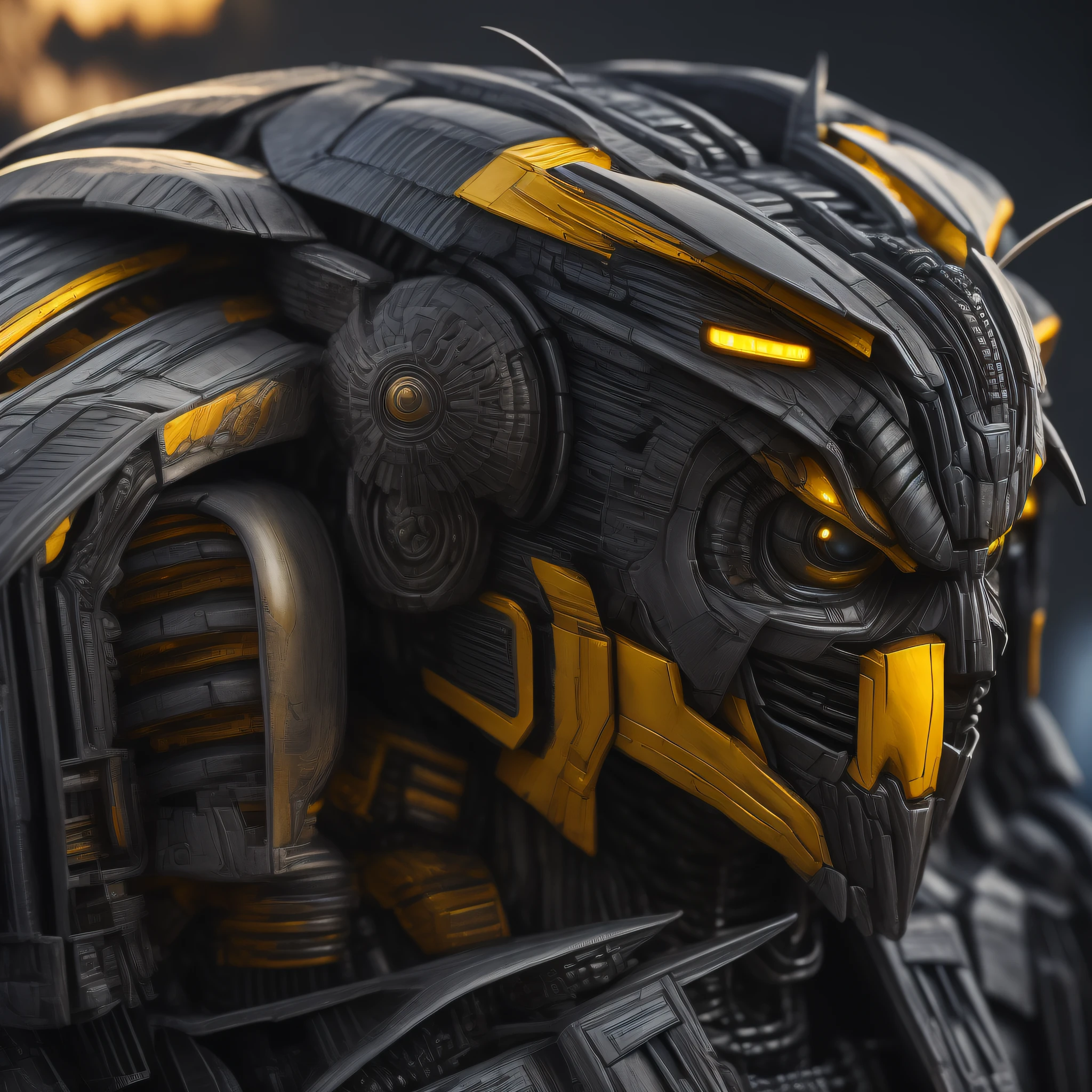 "Michael Bay, ((Transformers style, hr giger, realistic photo)) ultra detail 8k, The Last Knight, best quality, CG action movies, stunning wallpaper photo, close-up perspective, (((head only, close up)) Bublee Bee, 35mm cinematic effect."
