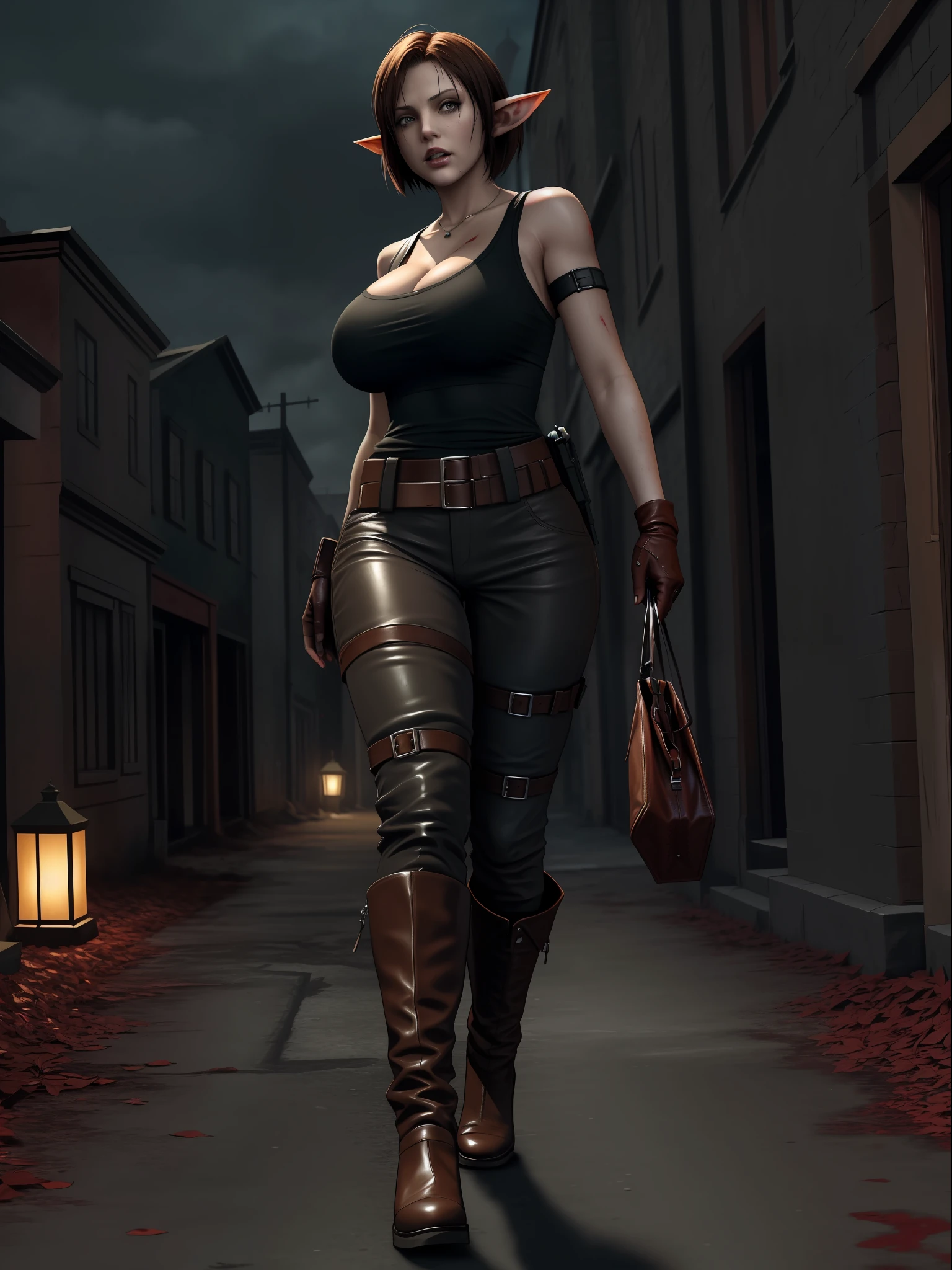 (Resident Evil 4+zombies:1.5), (full-body photo:1.7), (An elf woman and several zombies in the background:1.5), (she has gigantic breasts:1.9), (She's in Resident Evil 4+Leon's clothes with black T-shirt+brown leather chorte+extremely tight on her body:1.4), (she's walking in a night town full of zombies:1.7),  (she has short brown hair:1.3), (she has blue eyes:1.3), (she's doing poses+for the viewer+holding an armada), Hyperrealism, 16k, best quality, high details, UHD