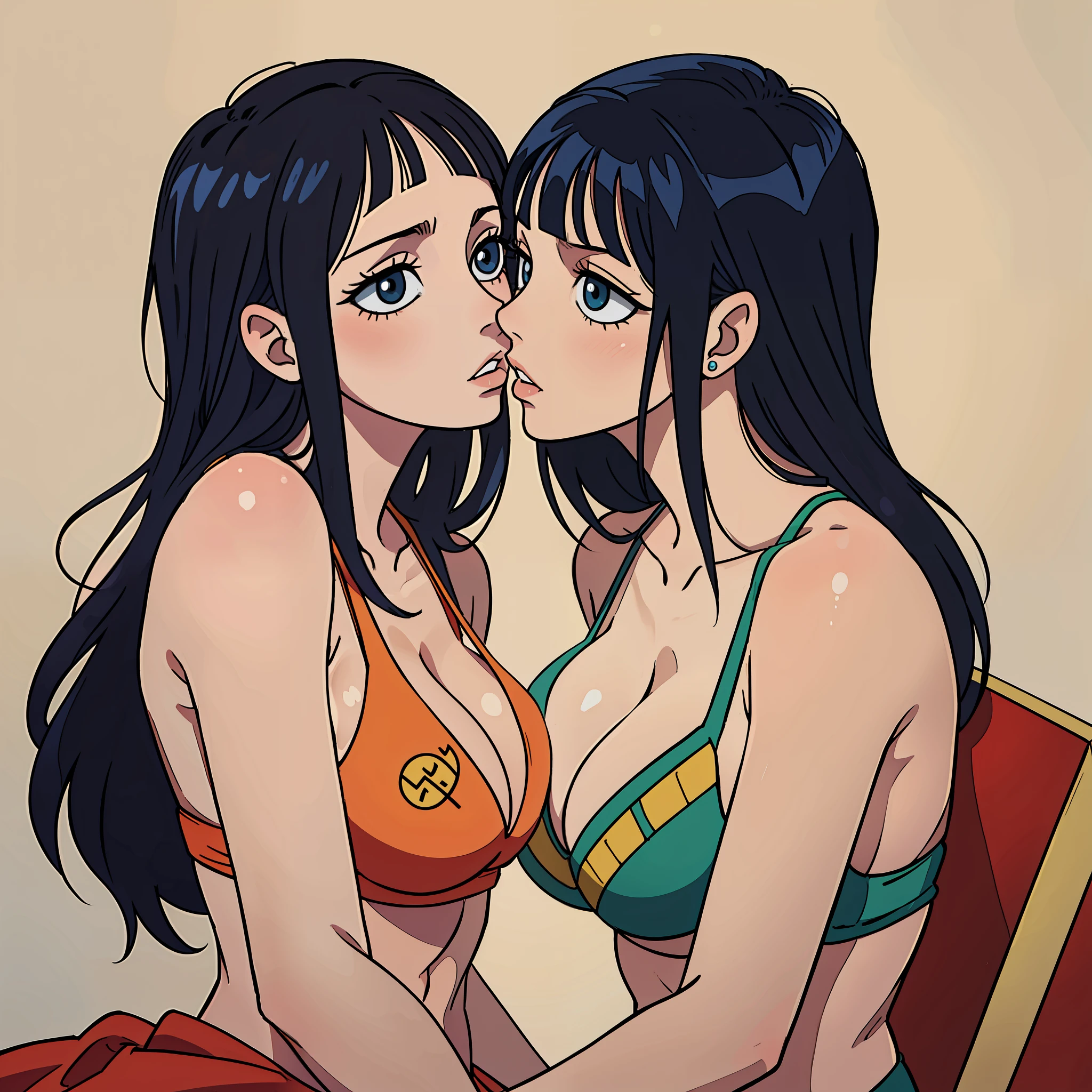 Nico Robin with Nami from one piece almost kissing, masterpiece, kissing, two girls, big breasts, bikini, bangs, One Piece, stripping, colored box background, big breasts, cleavage, making out, undressing