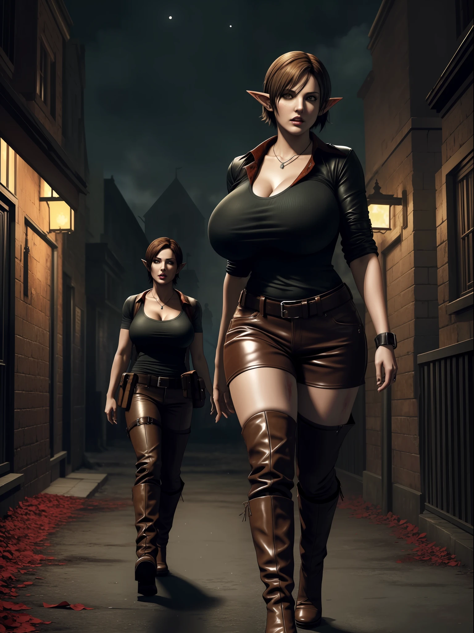 (Resident Evil 4+zombies:1.5), (full-body photo:1.7), (An elf woman and several zombies in the background:1.5), (she has gigantic breasts:1.9), (She's in Resident Evil 4+Leon's clothes with black T-shirt+brown leather chorte+extremely tight on her body:1.4), (she's walking in a night town full of zombies:1.7),  (she has short brown hair:1.3), (she has blue eyes:1.3), (she's doing poses+for the viewer+holding an armada), Hyperrealism, 16k, best quality, high details, UHD