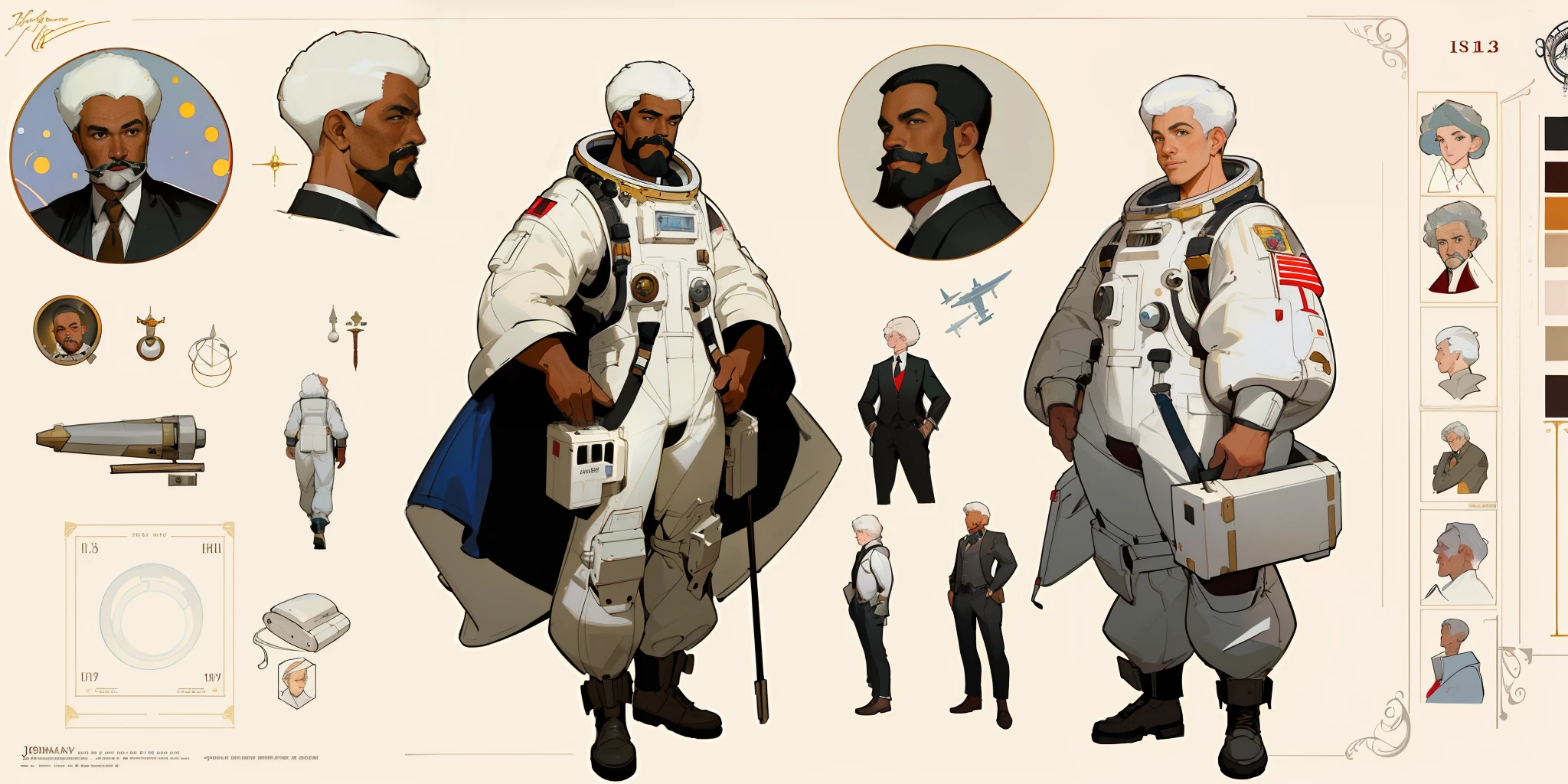 Best quality, 3 adult men, character sheet, concept art, (full body, masterpiece: 1.2), (best quality: 1.3), ordinary Afro-American black men, short white hair, white beard and moustach, 3 fitted men on their 40s, wearing an astronaut suit and shoes, the universe as the background, winner attitude pose, with short white hair, assorted poses, in the style of Norman Rockwell, JC Leyendecker, Jordan Grimmer, soft pastel colors, intricate, elegant, highly detailed, digital painting, art station, concept art.