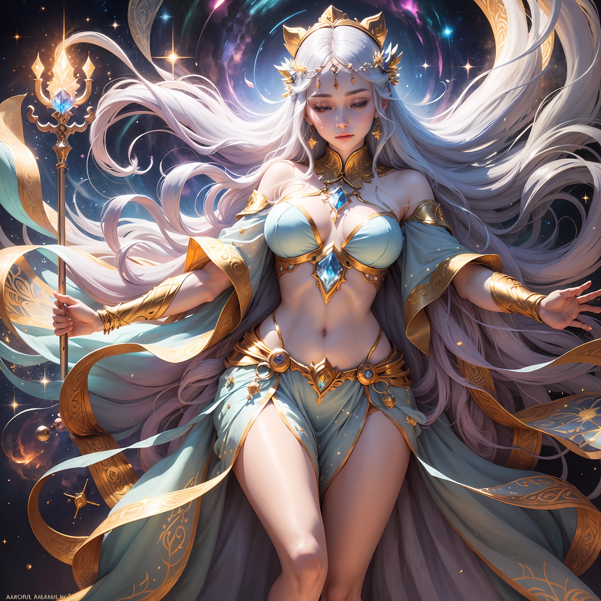 Aurora is a delicate-looking and ethereal young woman. She has long, shiny hair that flows like rays of golden light, reflecting the divine energy emanating from her. His eyes are deep and bright, with irises of a heavenly shade of blue or silver, radiating wisdom and power.

Her skin is pale and immaculate, almost translucent, emanating a soft luminosity. She possesses a shimmering, iridescent aura, composed of colors such as blue, gold, and silver, that envelop her and extend around her.

Aurora wears a long, flowing tunic, made of a light, shiny fabric that resembles a mixture of stars and clouds. His garment is adorned with intricate details, embroidered with gold and silver threads, symbolizing his divine nature. She also wears a thin and delicate belt, decorated with luminous gems and sacred symbols.

On her feet, Aurora wears elegant, adorned sandals with golden bows wrapping around her ankles. She carries with her a staff or a stick of power, made of transparent crystal or some divine material, shining brightly with cosmic energy.

Aurora radiates a serene and reassuring aura, conveying a sense of calm and hope. Her posture is graceful and noble, reflecting her divinity and her role as protector of the heavenly realms. --auto --s2