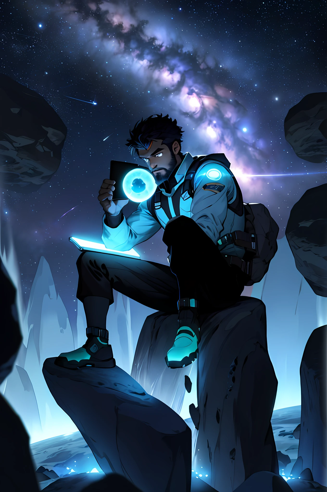 Draw a young dark-skinned programmer sitting on a research platform floating in the middle of an asteroid belt. He is studying with a laptop, surrounded by several asteroids glowing with auras of fire. The dramatic illumination of distant stars and planets illuminates the scene, casting deep shadows on the costume. The young man seems confident and determined, looking at the vast and mysterious universe with admiration and respect, beard, cowboy shot,