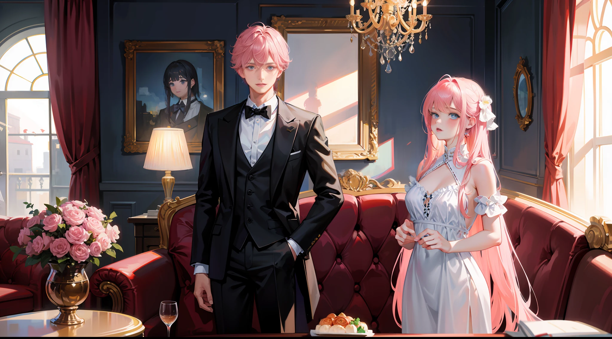 Masterpiece, best quality, super detailed, illustration, beautiful detailed eyes, close up, there is a boy and a girl in the room. On the sofa there was a girl with pink hair and a white slip dress, and the boy was with hair, black suit clothes and pants. Girl and boy standing and looking at each other