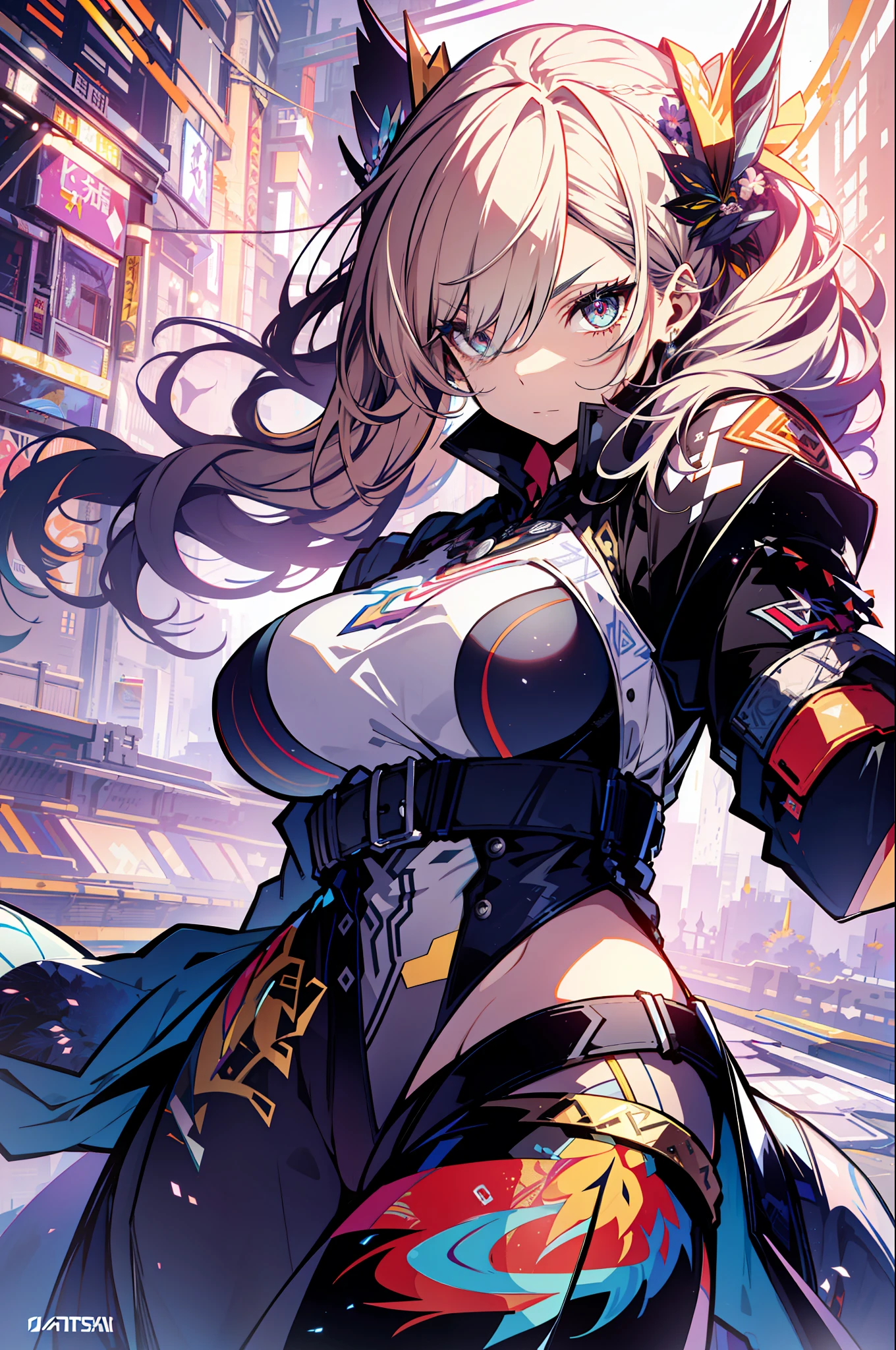background, mixed-language_text, Japanese letters in graffit, girls, long blonde hair, excellent lighting, sidelighting, perfect ultimate (flat color: 1.3), (magazine_cover: 1.4), (multicolored_background: 1.3), striped_background, card_background, :: discs with sharp and shiny blades in the hand :: circular pieces of white metals glued to the ultra detailed arms coming out sparkling glow, black star design stamped in the middle of the shirt , perfect and detailed, ultra detailed shirt with abstract design and with Japanese letter print in graffiti on the sides of the clothes, image of girls with big breast, on top of a futuristic motorcycle, with immersive effects, hover effect, background graffiti style tribal tattoo with flowers and vibrant colors, "ultra HDR" detailed and with focus effect, (masterpiece: 1.2, best quality), (beautiful eyes with huge eyelashes finely detailed: 1.2), , ((Solo)), (Finely detailed eyes and detailed face :1.3), in various full-body attack poses, (cute background: 1.2),futuristic costume, super detailed circular metals Grabbed at arms and pants, fantastic paintingsdetailed face :1.3), in various full-body attack poses, (beautiful background: 1.2),futuristic costume, super detailed circular metals Clinging to the arms and pants, fantastic paintings