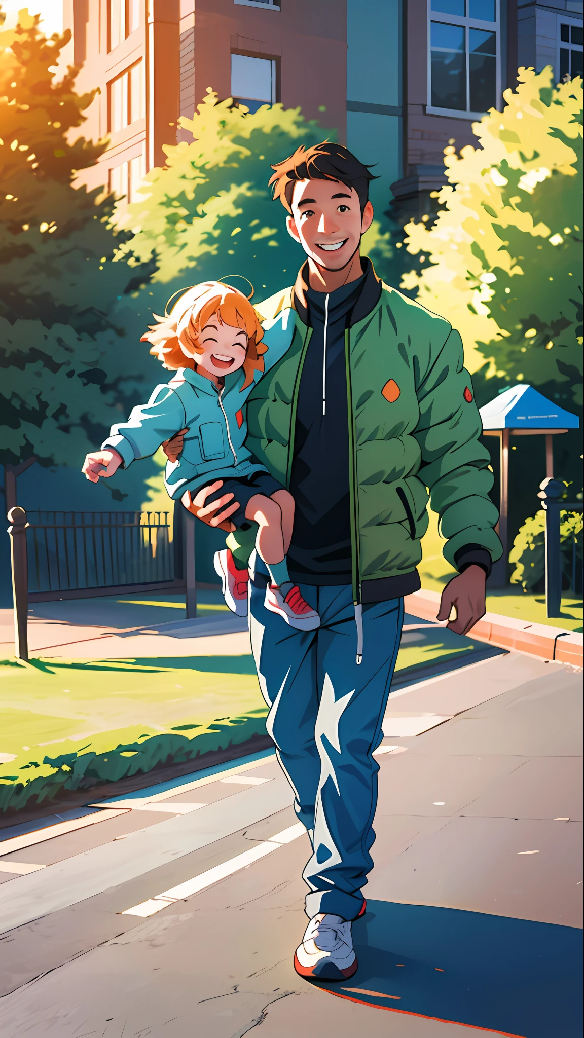 Flat illustration, touching, father and child, father and child holding hands, two people standing, clear facial features, happy smile, park, warm atmosphere, high saturation, contour light, bright colors, HD 8K--StableDiffusion